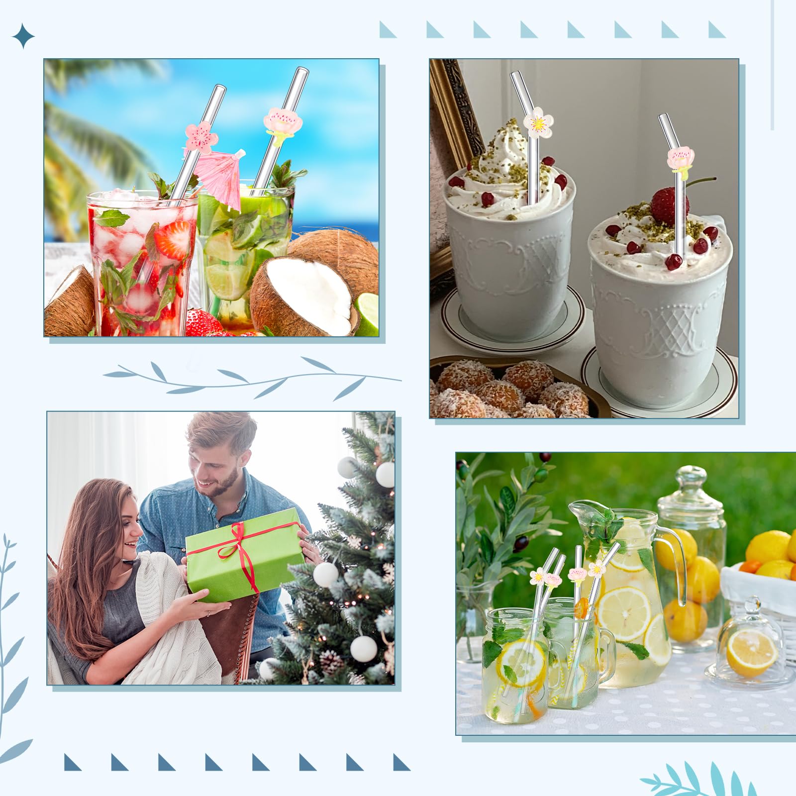 Reusable Glass Straw with 2 Cleaning Brush, Charm Cute Colorful Pattern Sticky Reinforced Glass Shatter Resistant Straw 6 Pcs