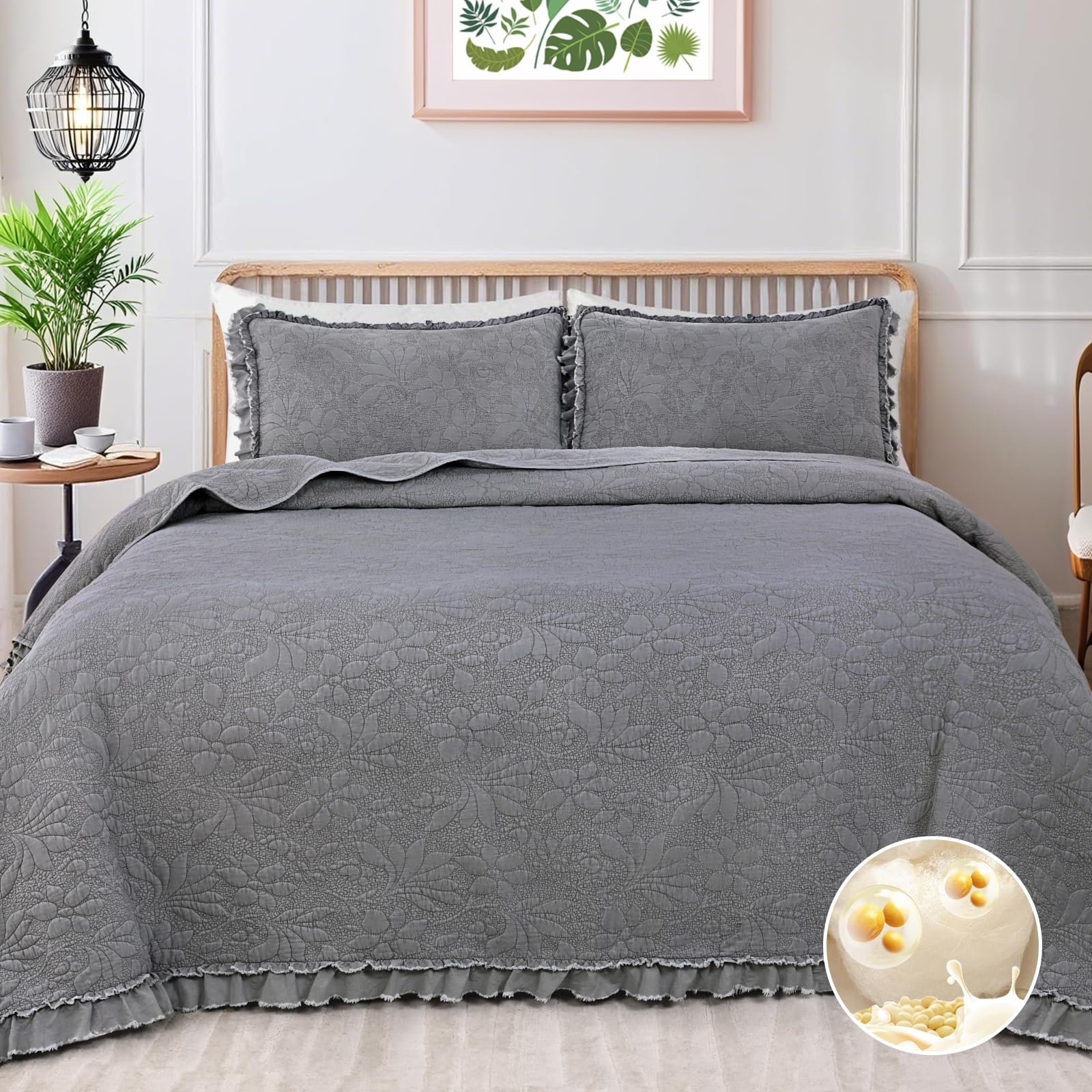 Ruffled Floral Quilts Soybean Fiber Filling Bedding Set 3 Piece, Stone-Washed Microfiber Shabby Chic Lightweight Soft Bedspread