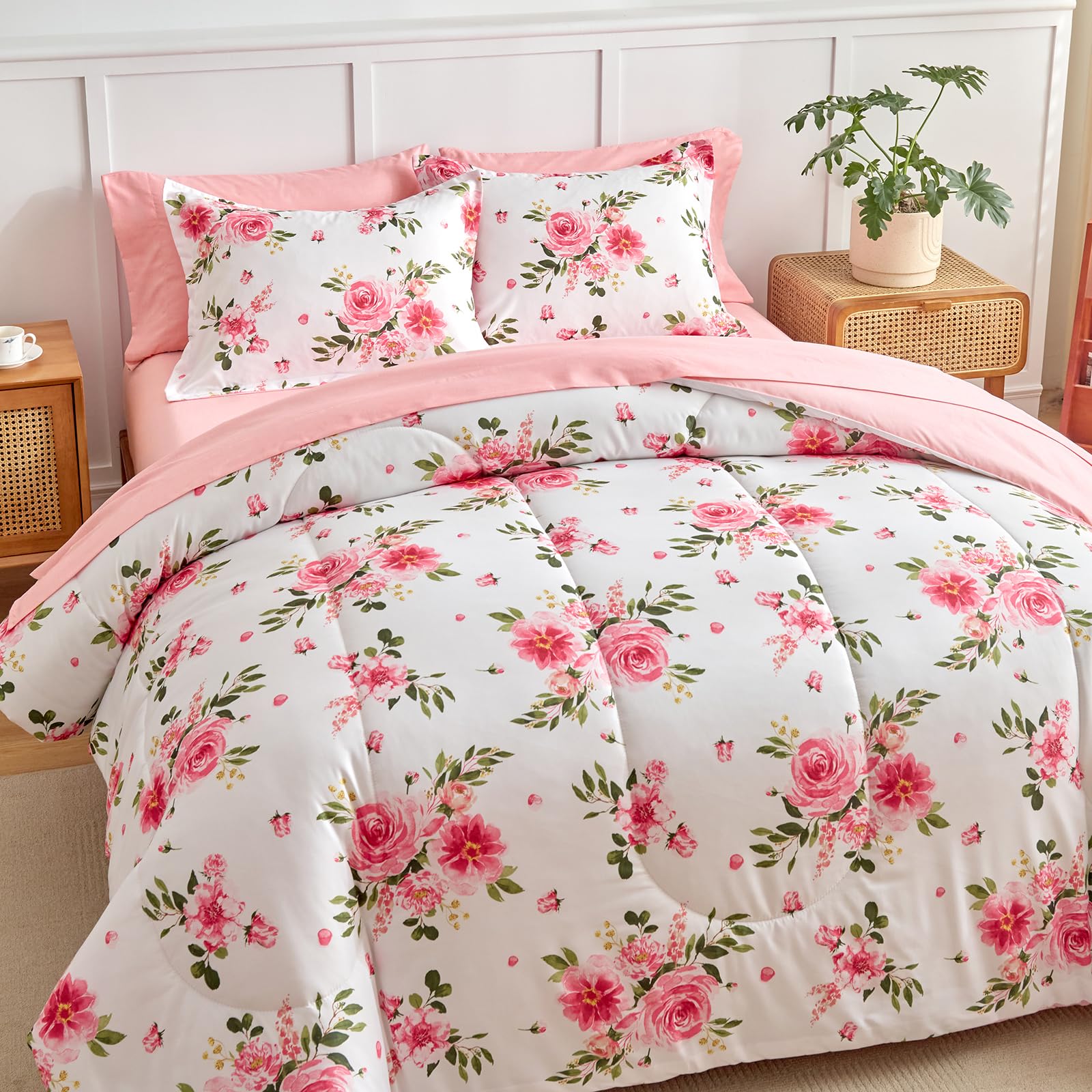 Flower Comforter Sheet Set White Bed in a Bag 7 Pieces Size Pink Floral Microfiber Bedding Set (1 Comforter 2 Pillow Shams 1 Flat Sheet 1 Fitted Sheet 2 Pillowcases)