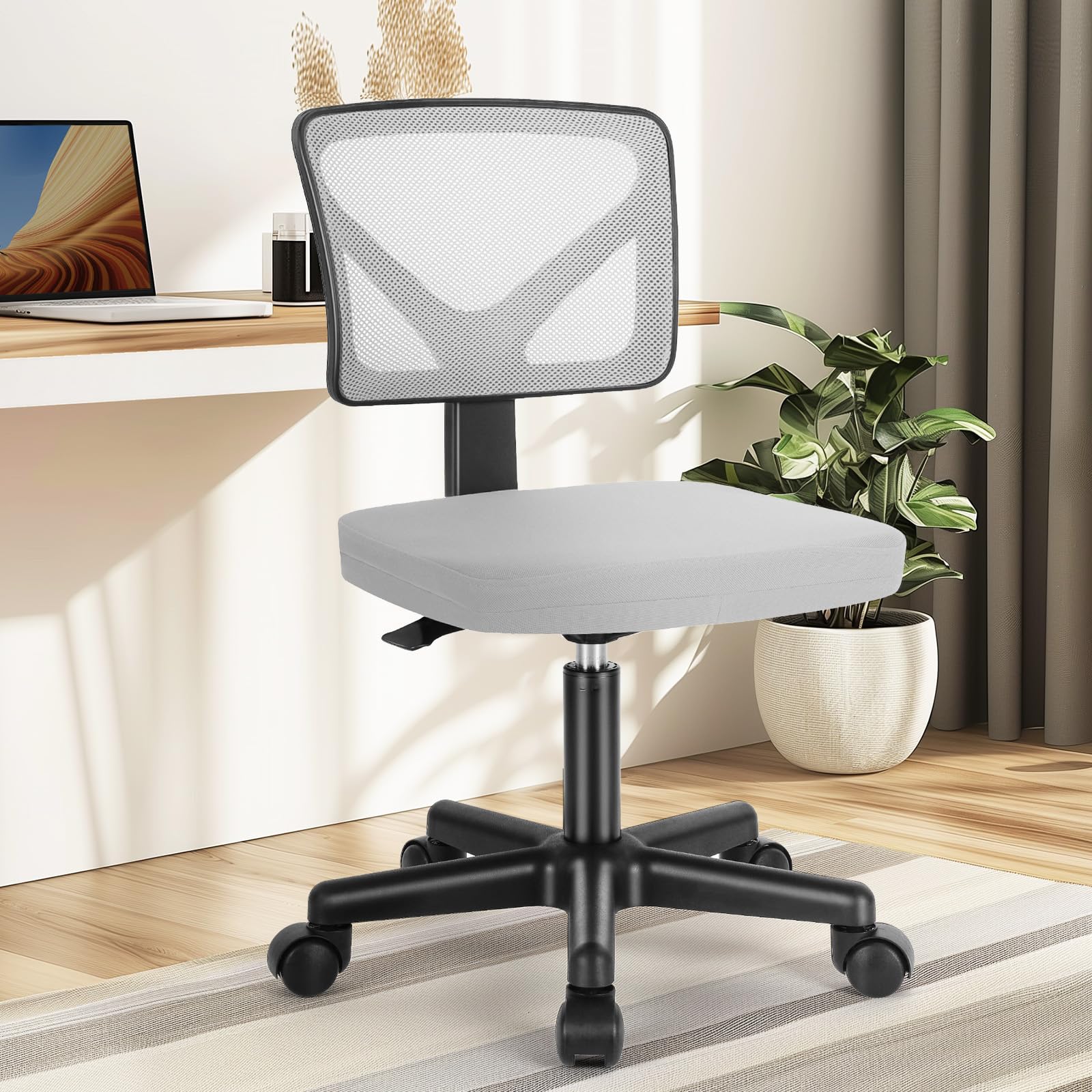 Vanity Swivel Armless Desk Chairs with Wheels, Ergonomic Adjustable Home Office Rolling Task Chair, Comfy Mesh Mid Back