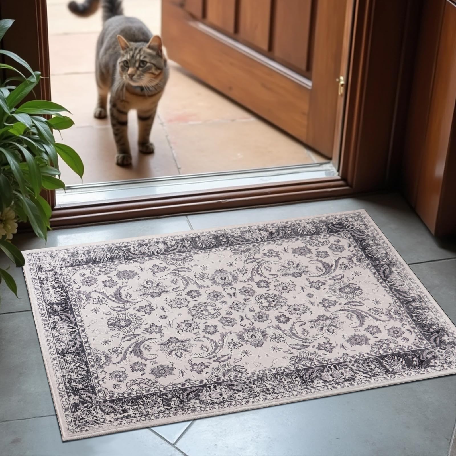 Washable Area Rugs Door Mat Entryway Vintage Floral Non-Slip Low Pile Entrance Thin Rug Carpet for Kitchen Bathroom Living Room Pink