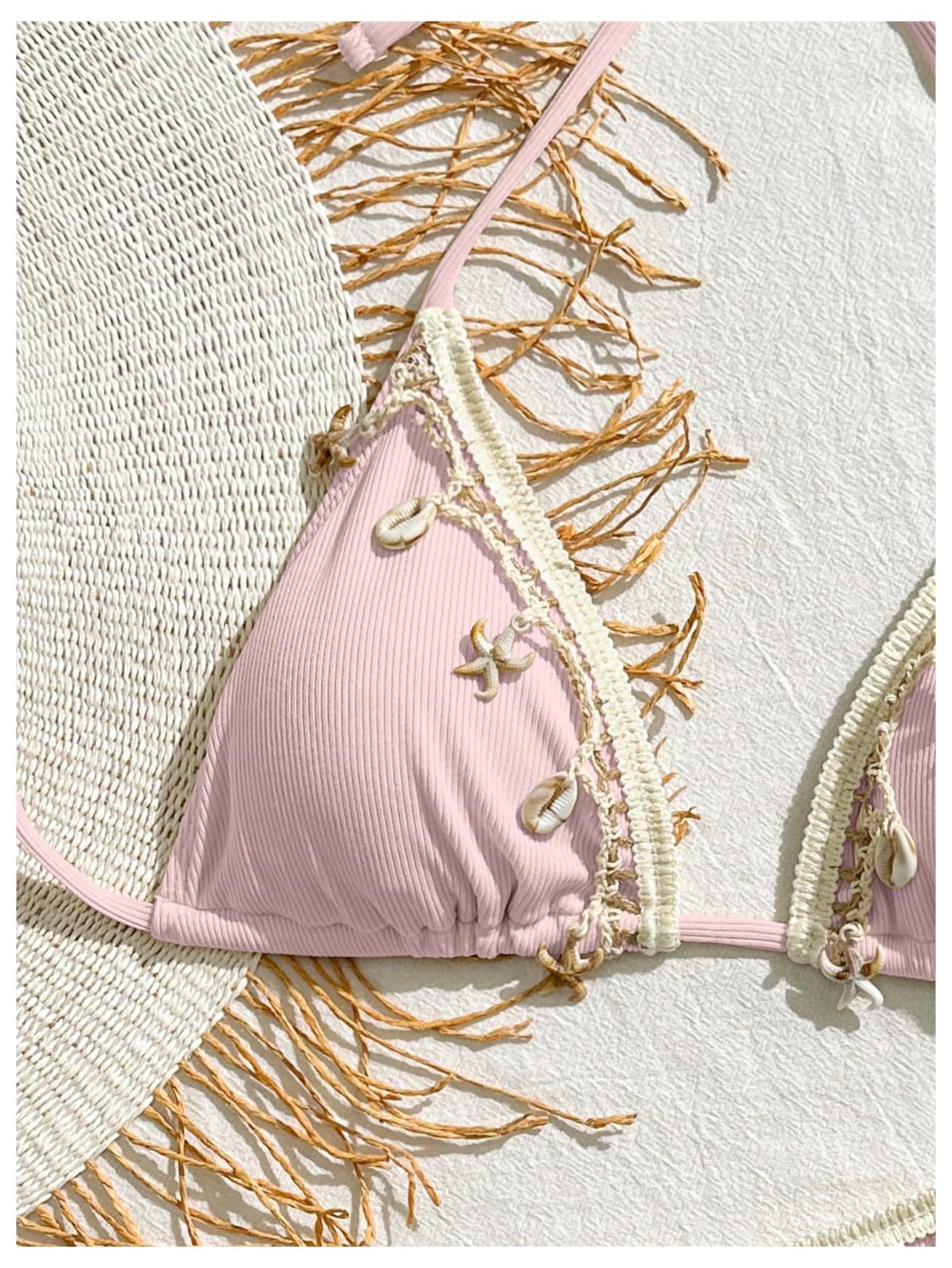 Women's 2 Piece Halter Triangle Bathing Suit Ribbed Bikini Swimsuits