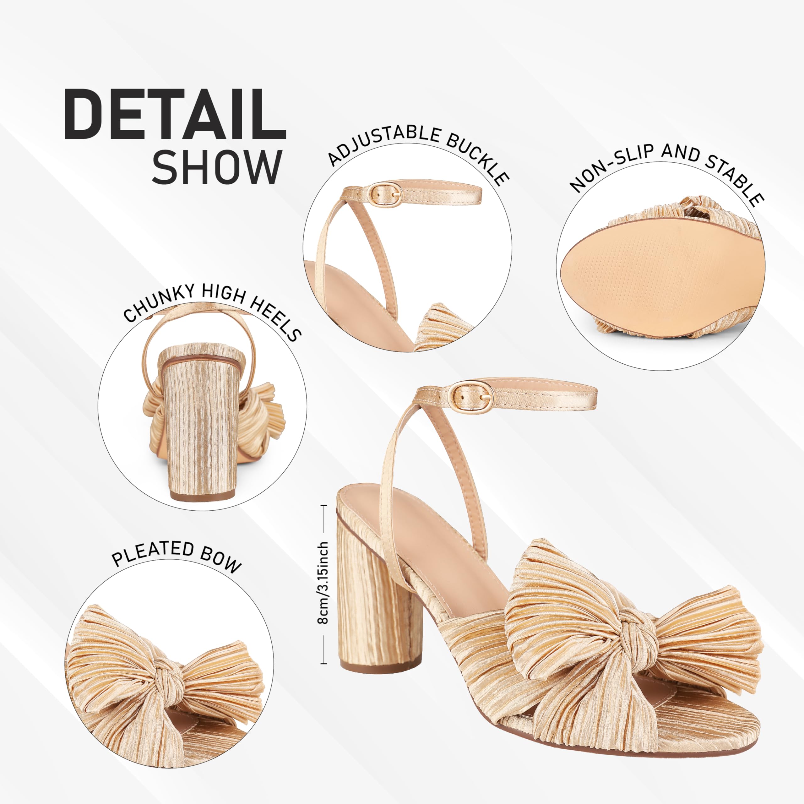 Women's High Block Chunky Heel Sandals Fashion Open Toe Ankle Buckle Strap Pleated Bow Heel