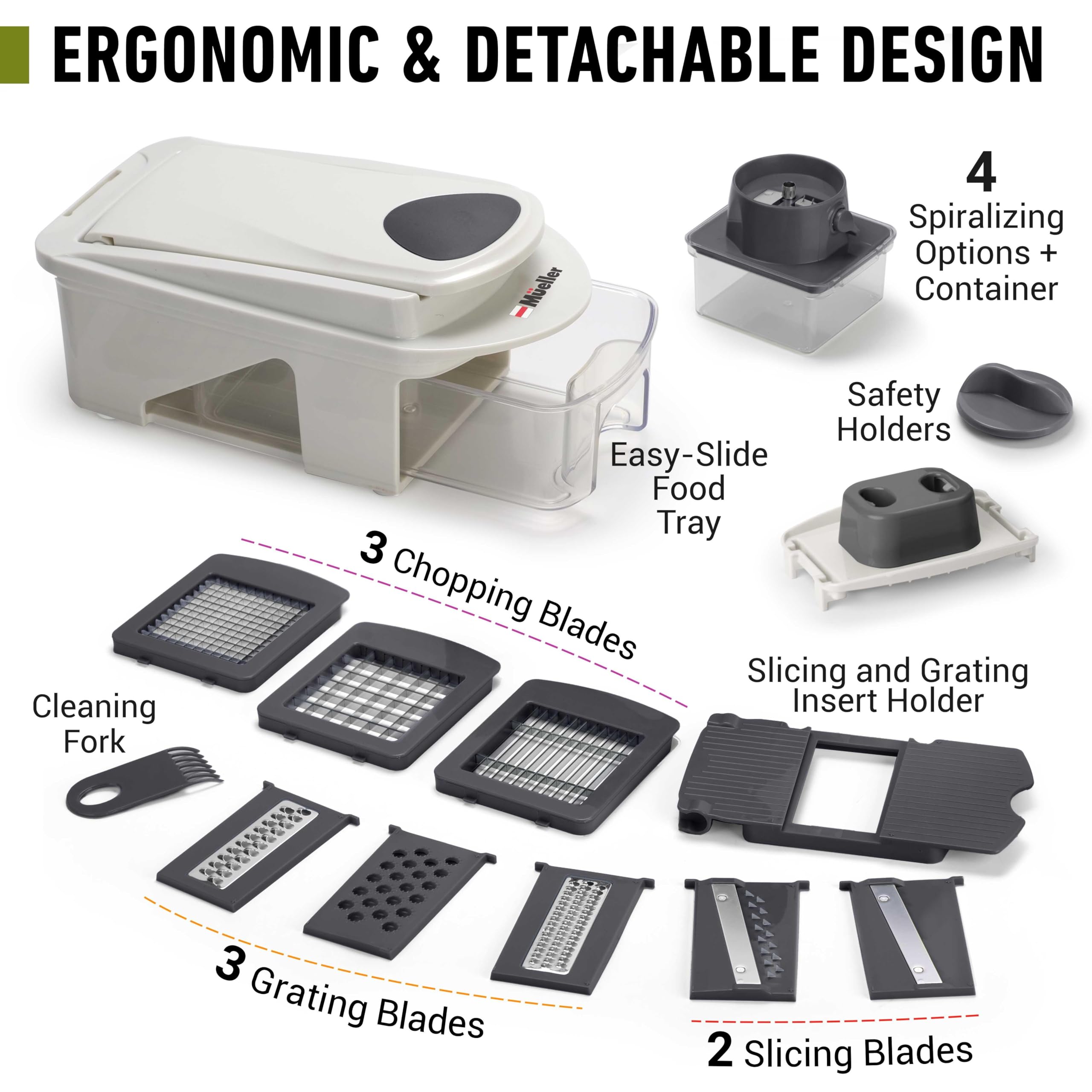 Mueller Pro-Series All-in-One, Mandoline Slicer for Kitchen, Food Chopper, Cucumber Slicer and Spiralizer, Cutter, Dicer, Grater, Kitchen Essentials