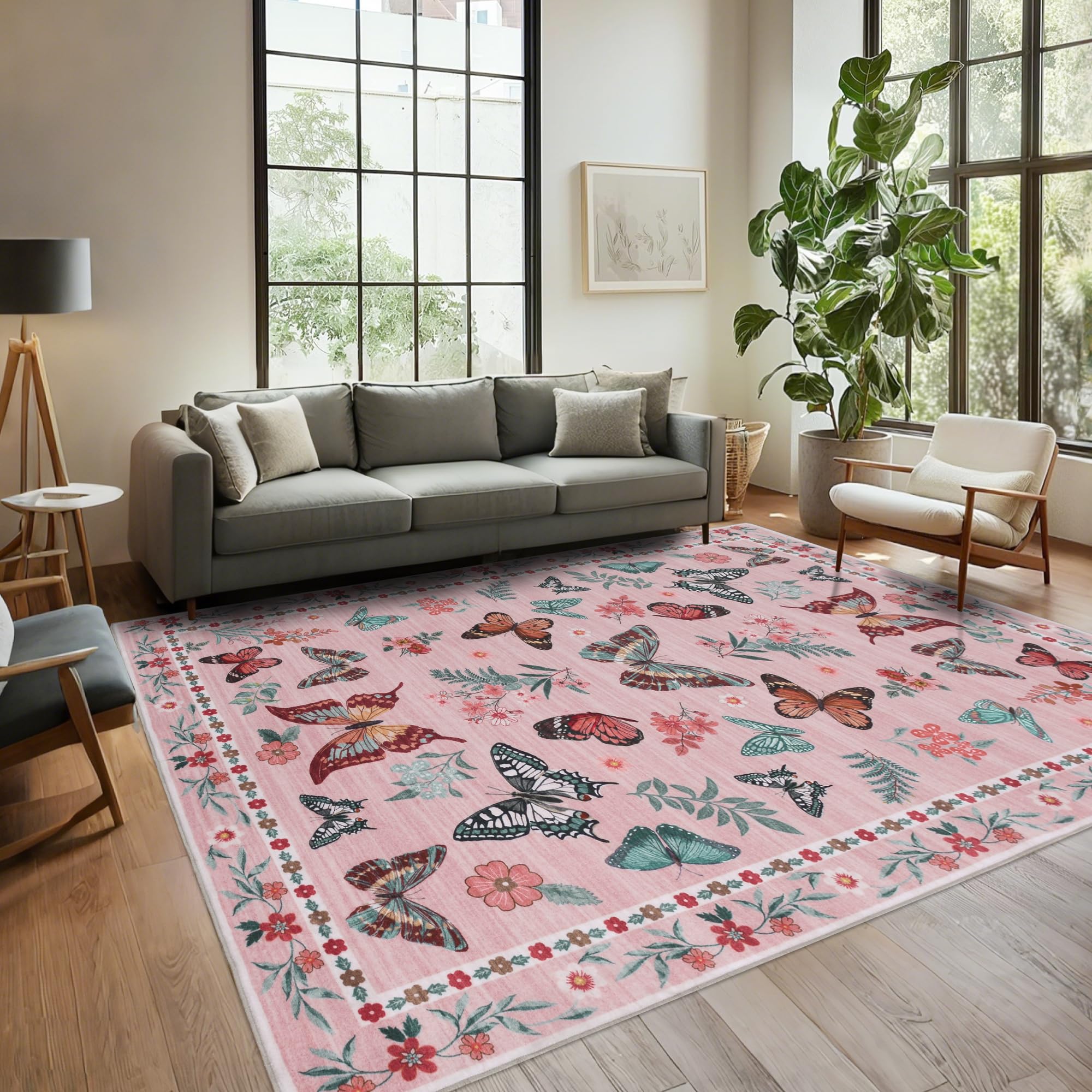 Insect Floral Area Rug, Machine Washable Area Rug Non-Slip Low Pile Large Bedroom Rug Stain Resistant Throw Rug Carpet