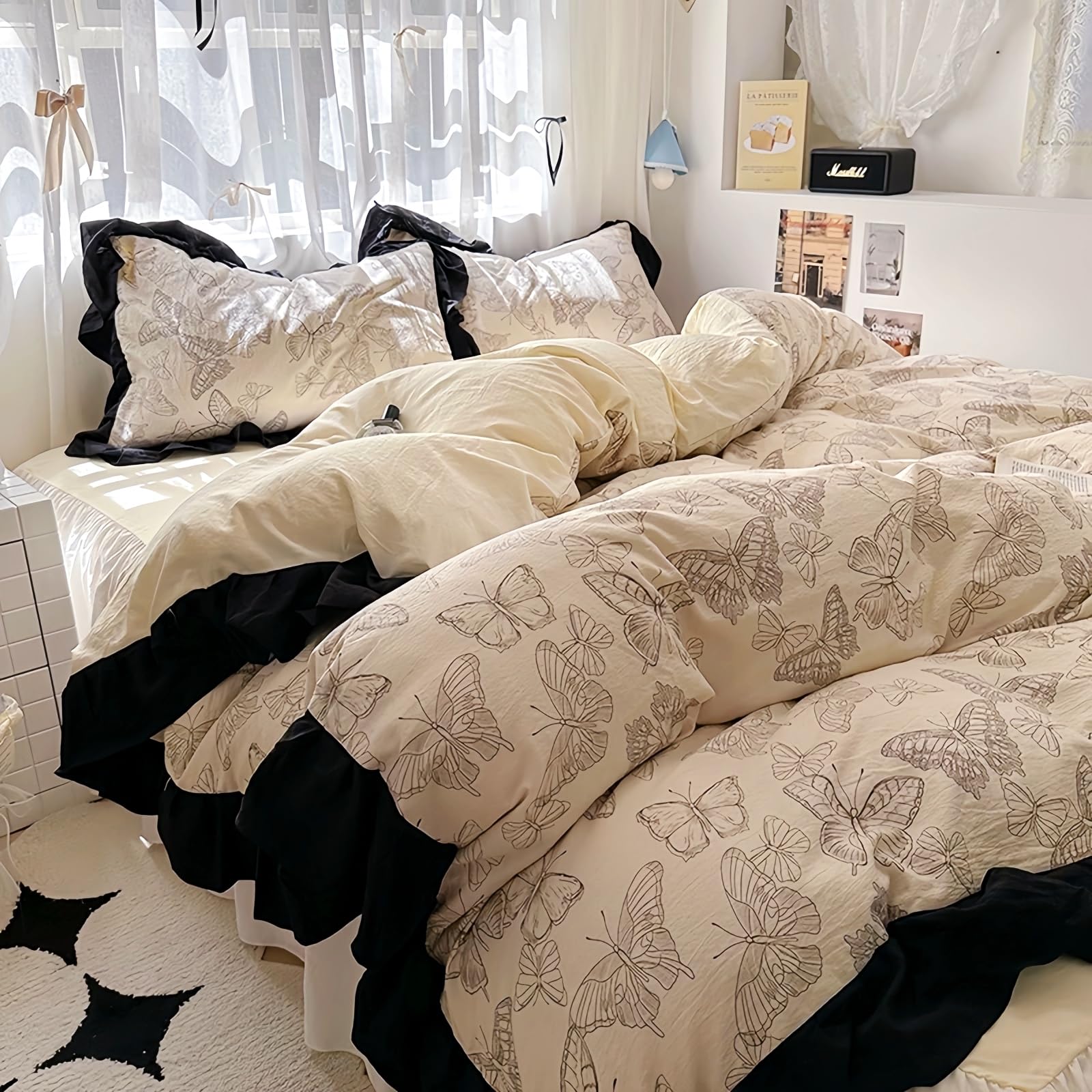 Duvet Cover 4pcs - Cotton Ultra Soft Ruffle Bedding Set includ 1 Duvet Cover with Zipper Ties,1 Fitted Sheet with Bed Skirt, 2 lace Pillow Shams for All Season