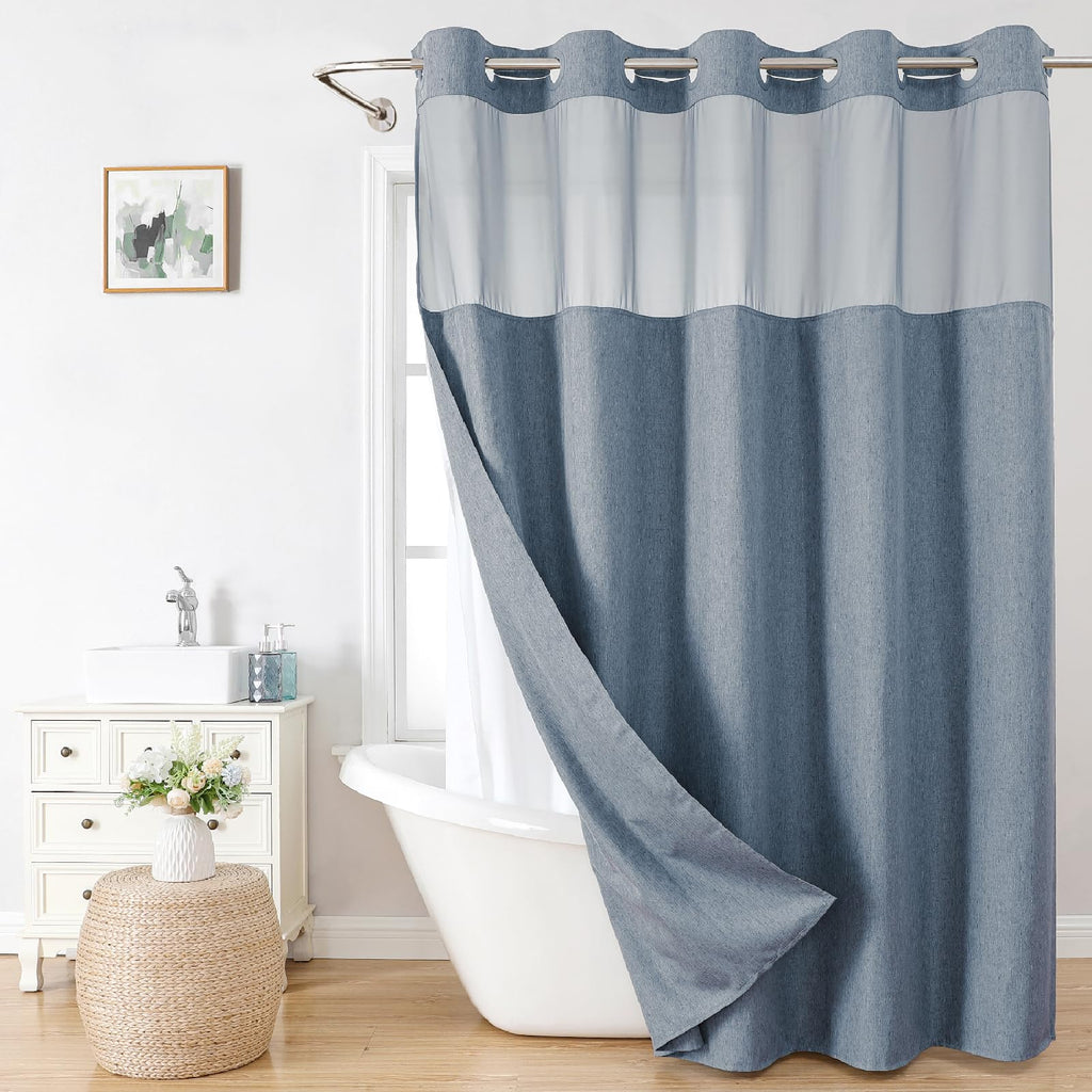No Hooks Needed Linen Textured Shower Curtain with Snap-in Fabric Liner Set, Luxury Decor Shower Curtains for Bathroom with Mesh Top Window, Waterproof & Washable