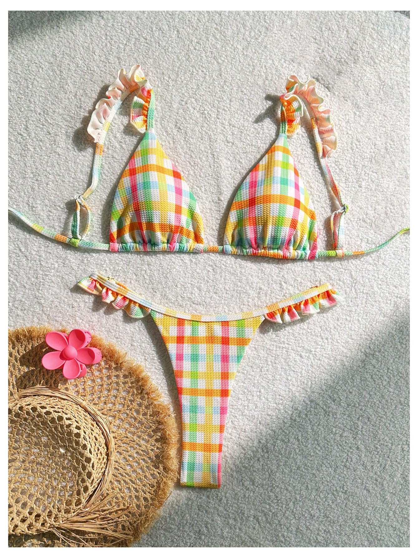Women's Gingham Thong Bikini Sets Ruffle String Coquette Swimsuits Tie Back Boho Bathing Suit