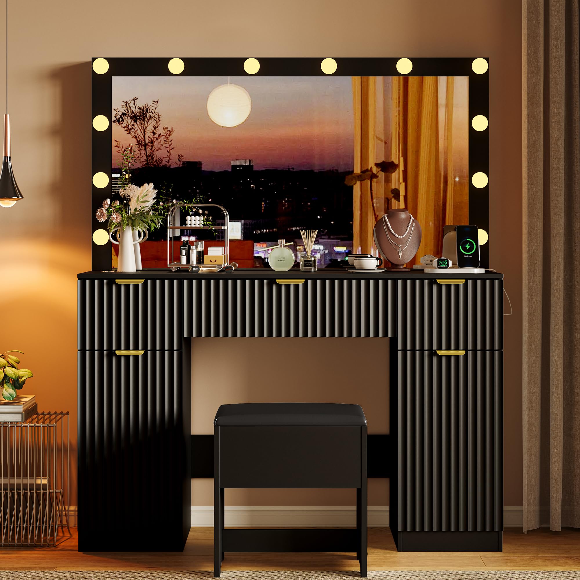 Makeup Vanity Desk with Mirror, Fluted Panel, Large LED Mirror, 3 Lighting Modes & Adjustable Brightness, Charging Station, Dressing Table with Stool