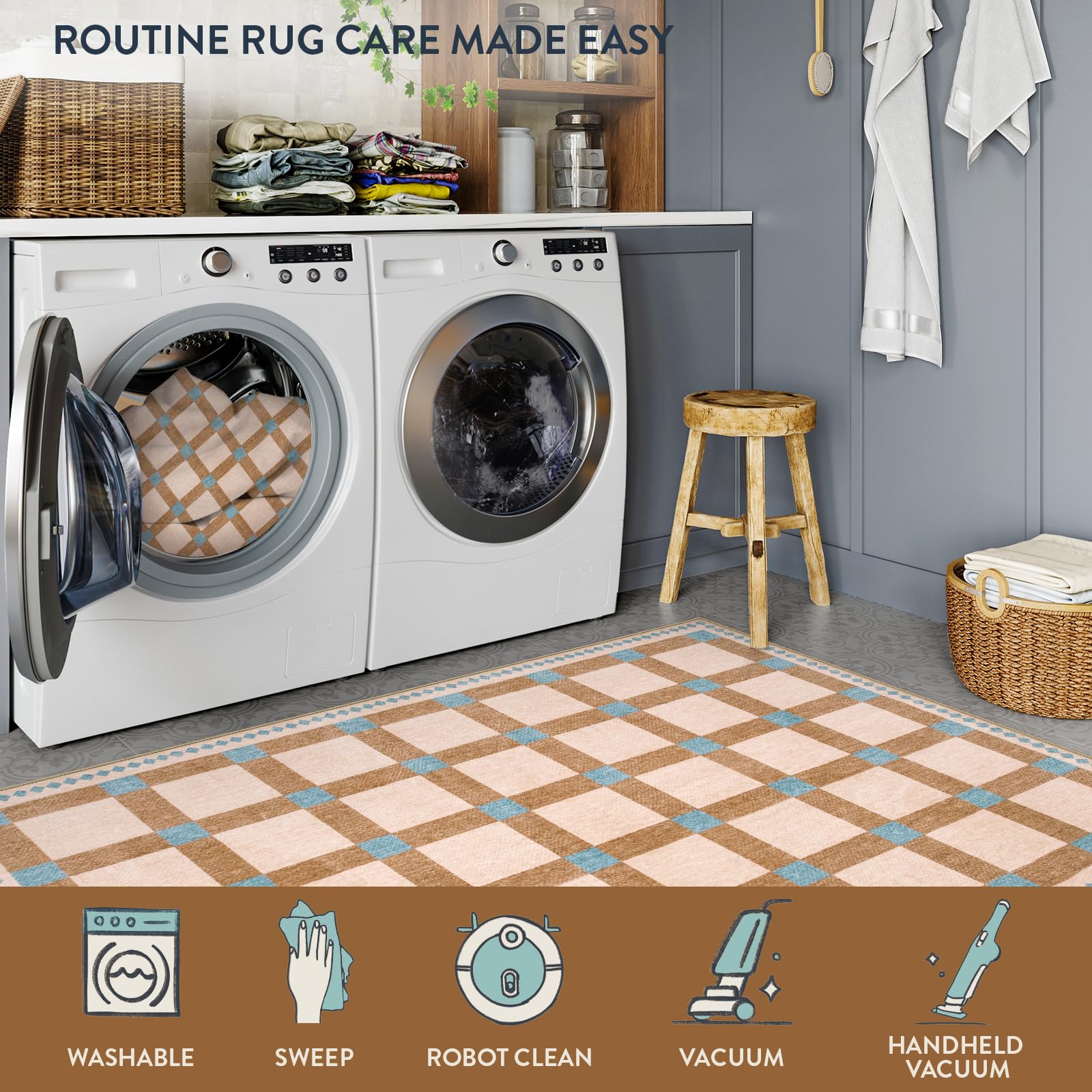 Checkered Rugs, Modern Washable Non Slip Low Pile Carpet