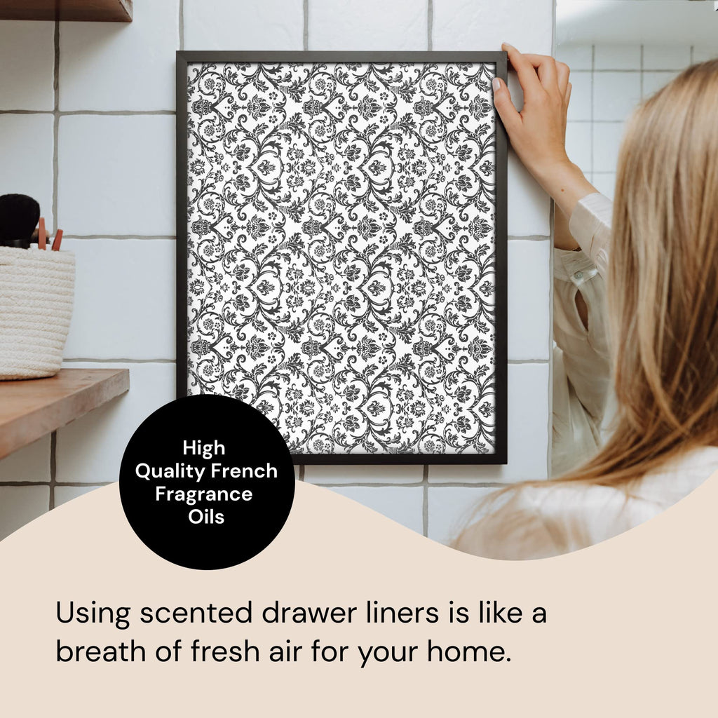 Scented Drawer Liners - Non-Adhesive Paper Sheets for Closet Shelves, Cabinet, Home Essentials & Dresser - 14 x 19.5 Inch Royal Damask Print Drawer Liner - Coquette Room Decor