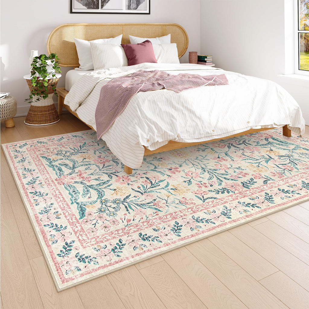 Machine Washable Boho Soft Floral Carpet Non Slip, Indoor Ultra-Thin Floor Carpet for Kid Room Living Room Dorm
