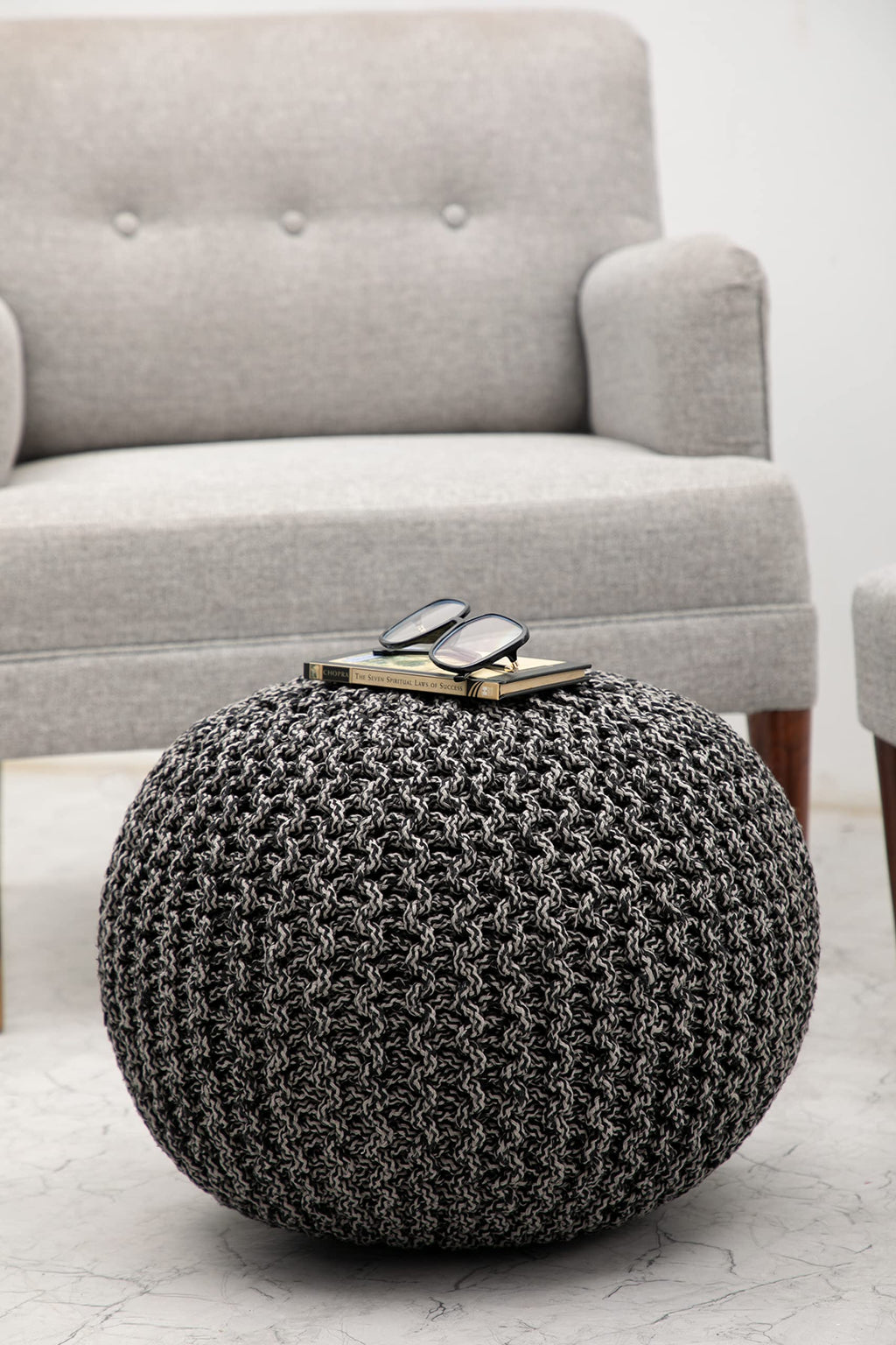 Hand-Knitted Cotton Round Pouf â€?Braid Cord Ottoman, Footrest, and Accent Seat for Living Room, Nursery, Kids Room, or Dorm Décor â€?20x14