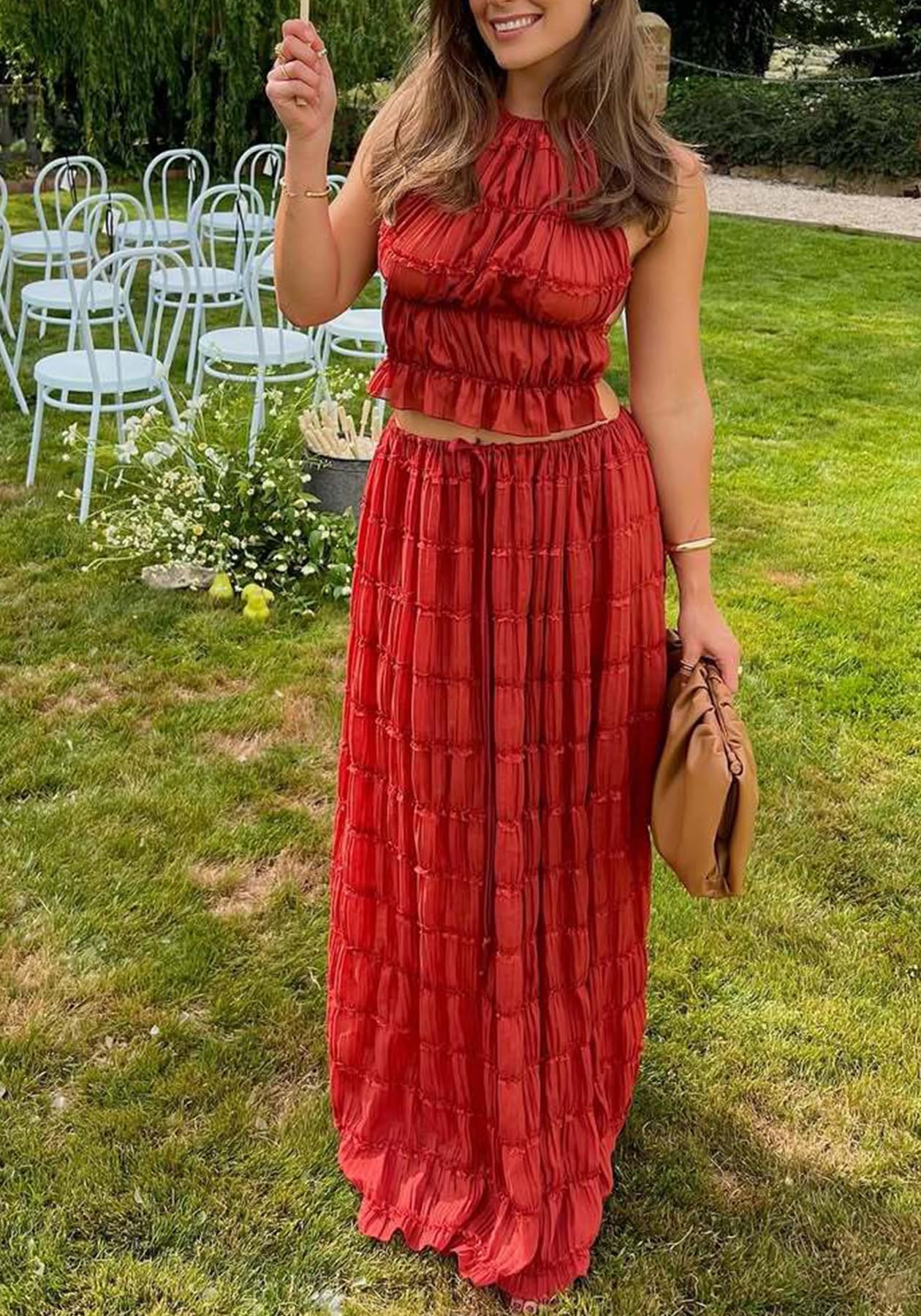 Skirt Sets Women 2 Piece Outfits Backless Halter Top And Pleated Ruffle Flowy Maxi Skirts Y2k Beach Vacation Set