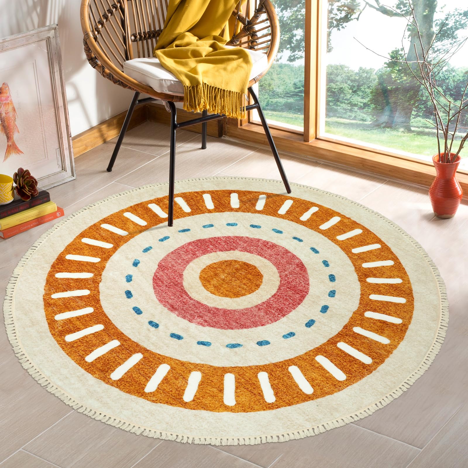 Orange Rainbow Boho Runner Rugs with Fringes, Sun Washable Hallway Runner Rug, Soft Non-Slip Area Rug