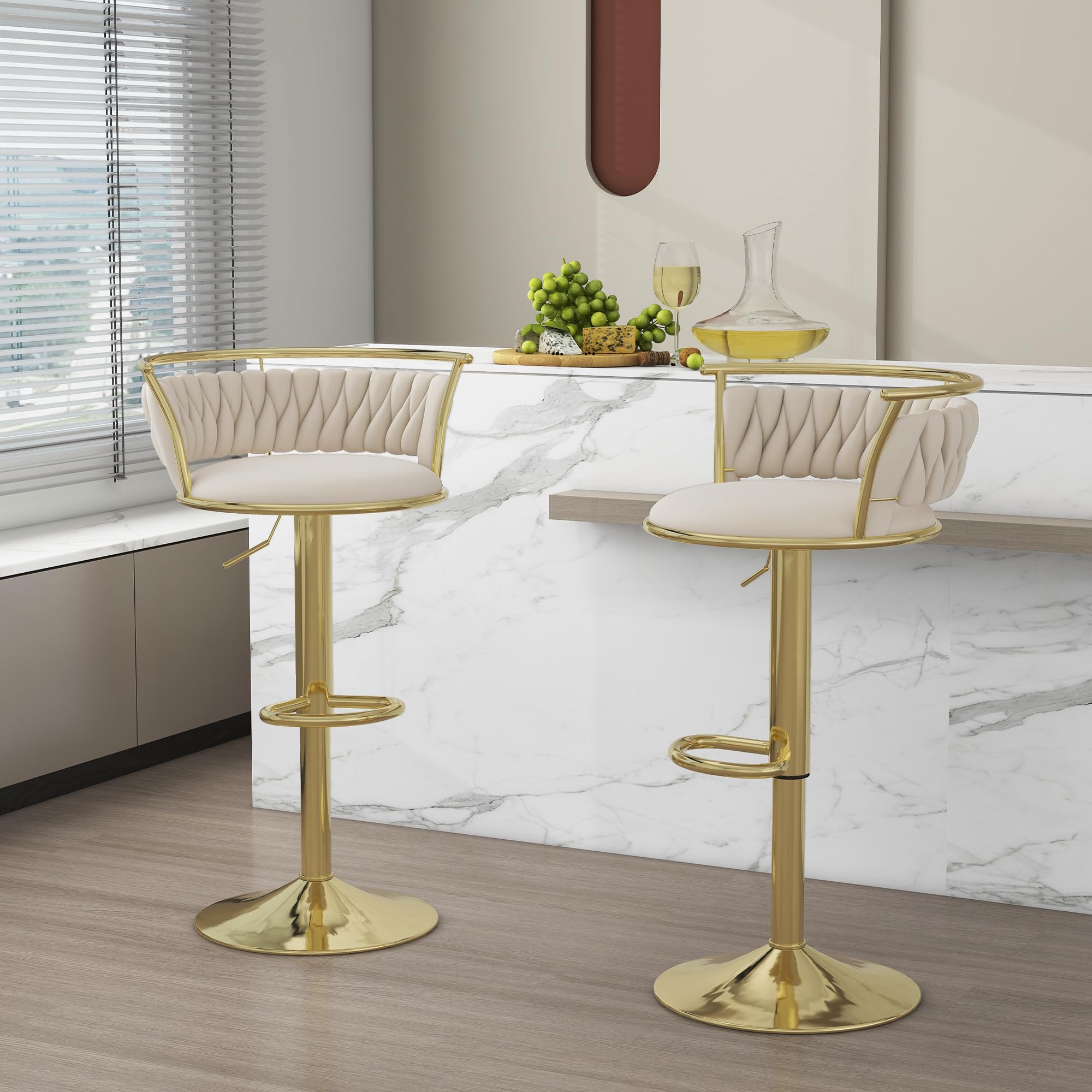Velvet Swivel Bar Stools, Adjustable Counter Height Bar Chairs with Low Back & Footrest, Modern Gold Bar Stools for Kitchen Island, Bar Pub