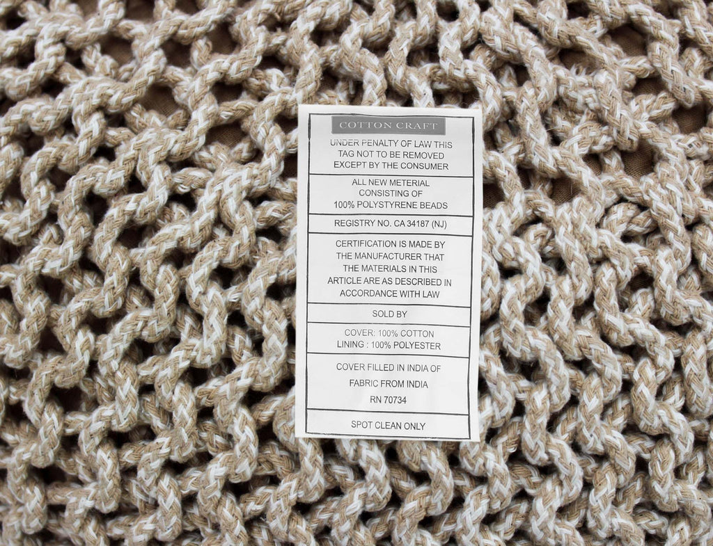 Hand-Knitted Cotton Round Pouf â€?Braid Cord Ottoman, Footrest, and Accent Seat for Living Room, Nursery, Kids Room, or Dorm Décor â€?20x14