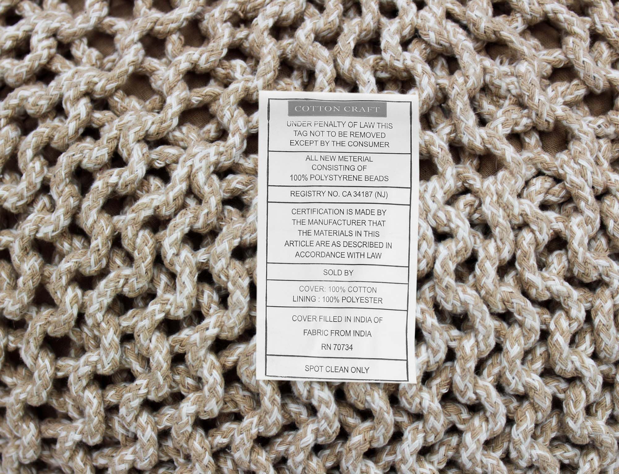 Hand-Knitted Cotton Round Pouf â€?Braid Cord Ottoman, Footrest, and Accent Seat for Living Room, Nursery, Kids Room, or Dorm Décor â€?20x14