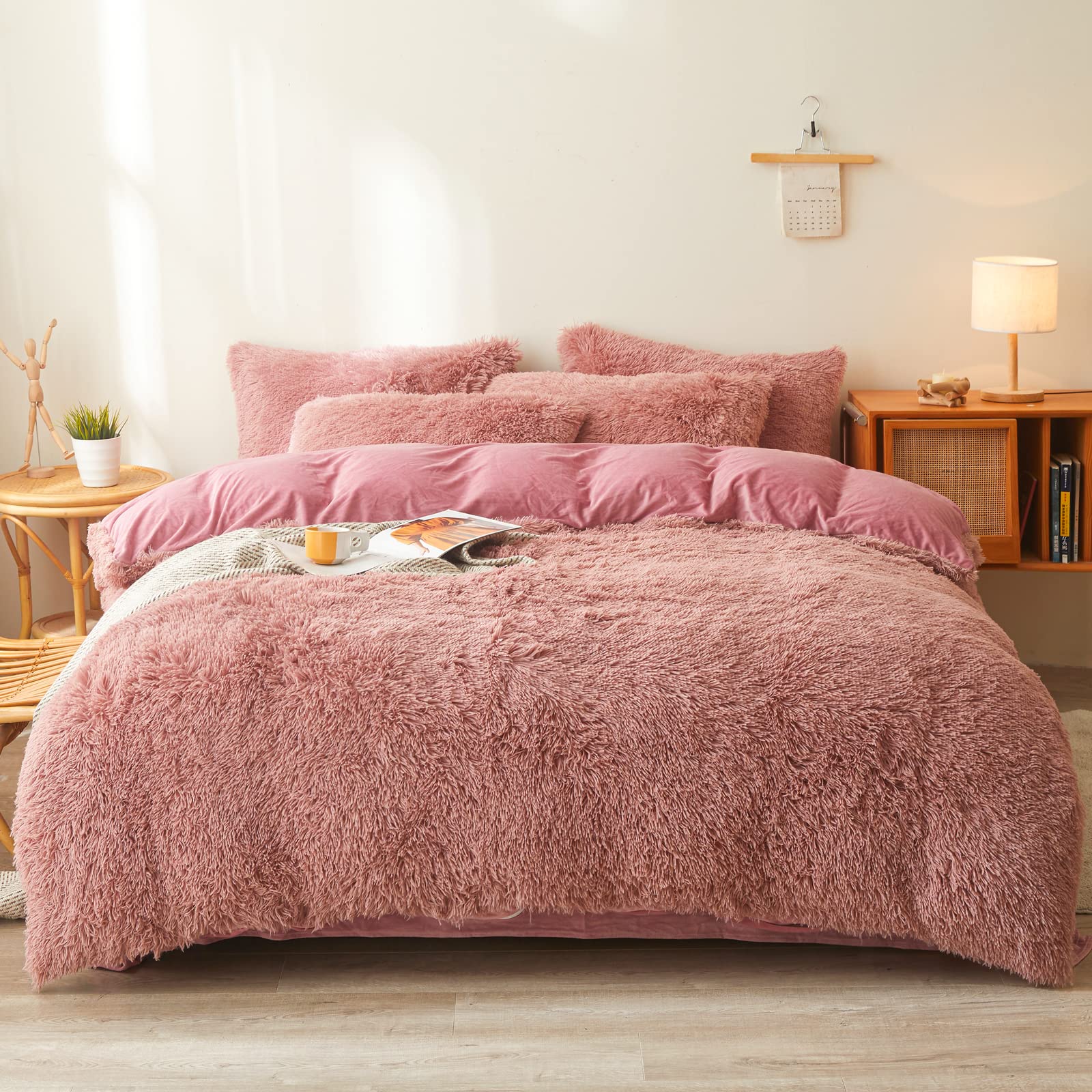 Fluffy Faux Fur Comforter Cover Set Queen - Ultra Soft Plush Bedding Sets 3 Pieces (1 Fluffy Duvet Cover + 2 Faux Fur Pillow case) Cute Bed Set