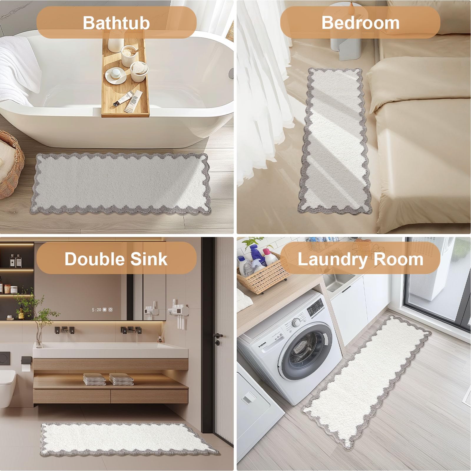 Cute Scalloped Bath Mat, Fun Plush Microfiber Scallop Bathroom Rugs Non Slip Washable Quick Dry Absorbent