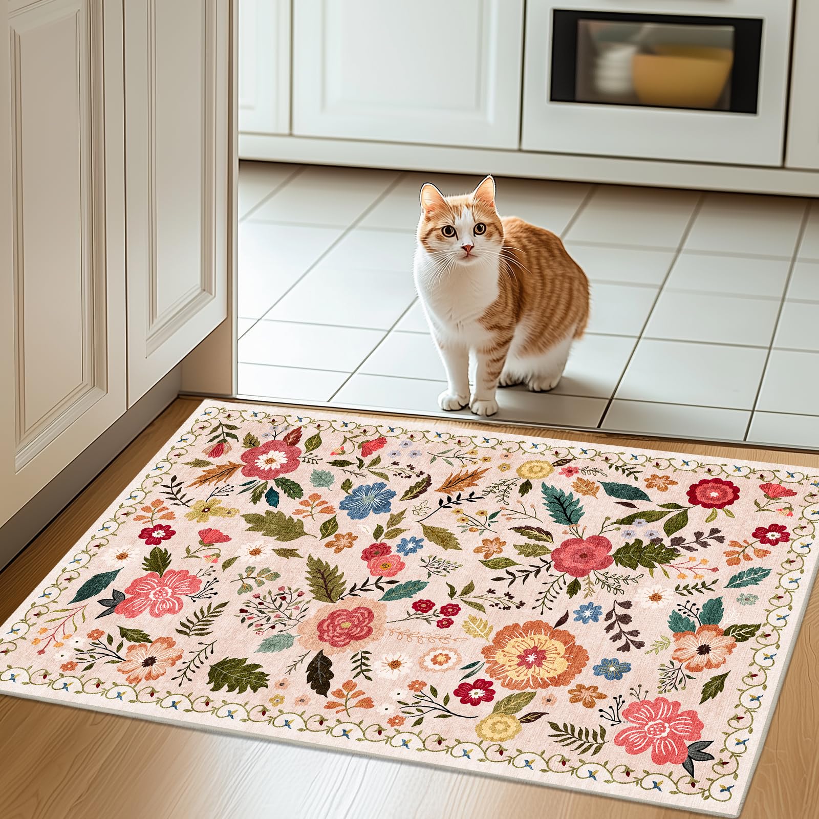 Boho Floral Vintage Rug for Home Washable Rugs Soft Low Pile, Non Slip Non-Shedding