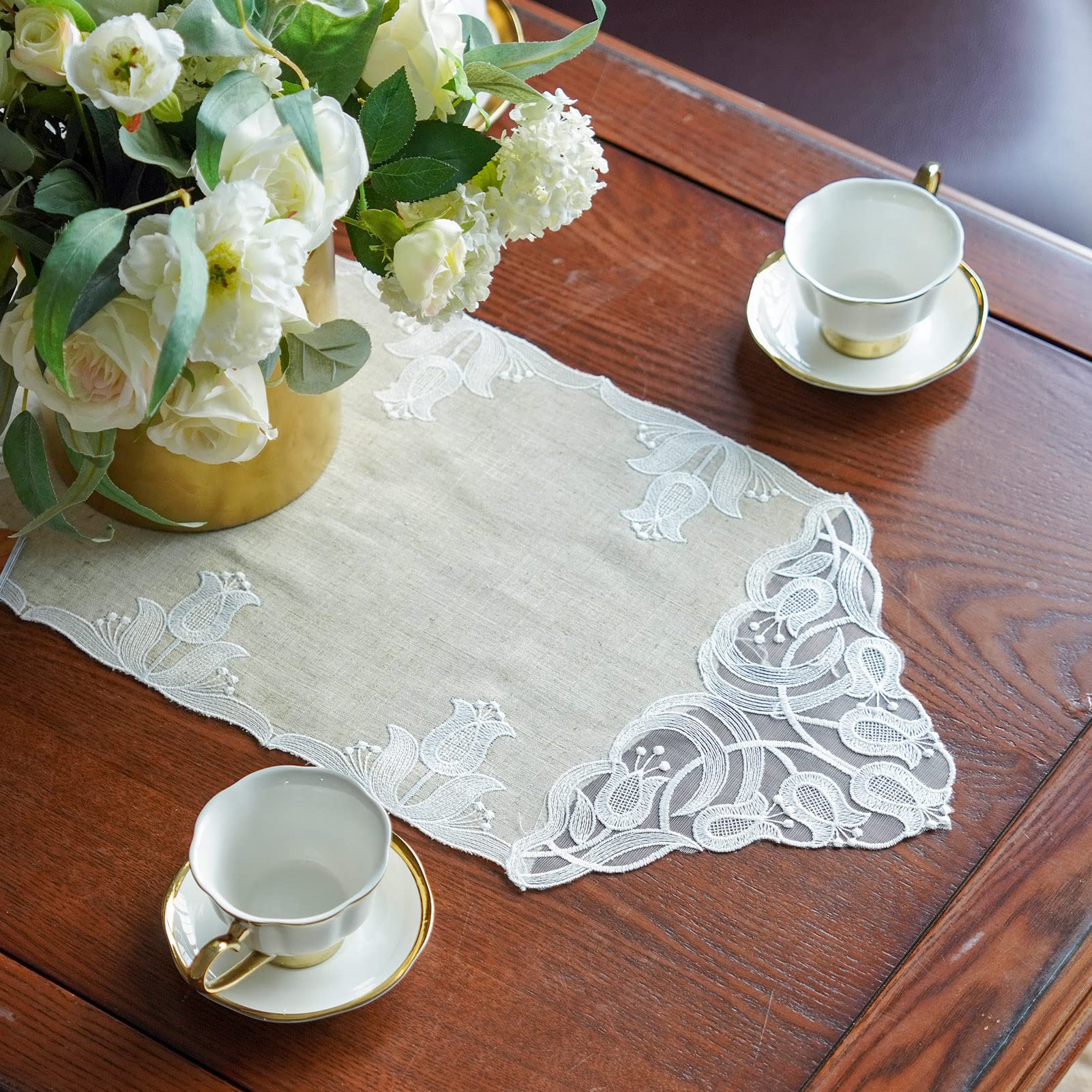 Lace Table Runner Macrame Vintage Flower Dresser Scarf with Exquisite Embroidery Table Runners