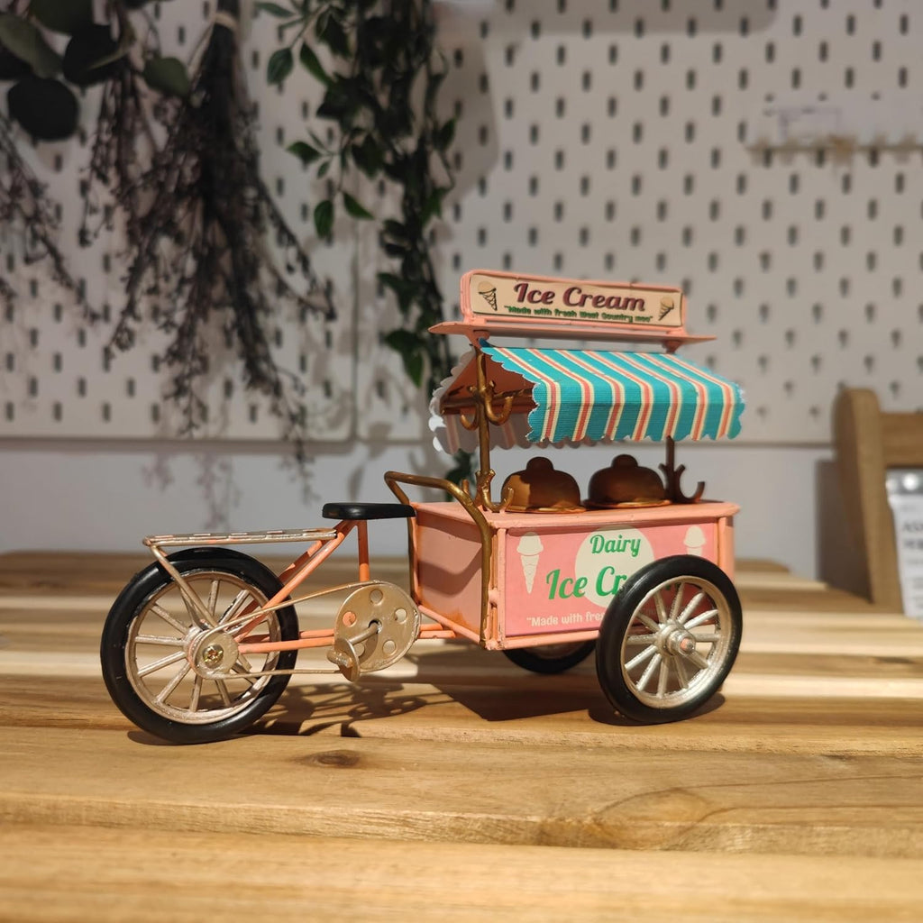 Pink Miniature Ice-Cream Tricycle Bike Model Ice Cream Cart Handmade Retro Home Decoration