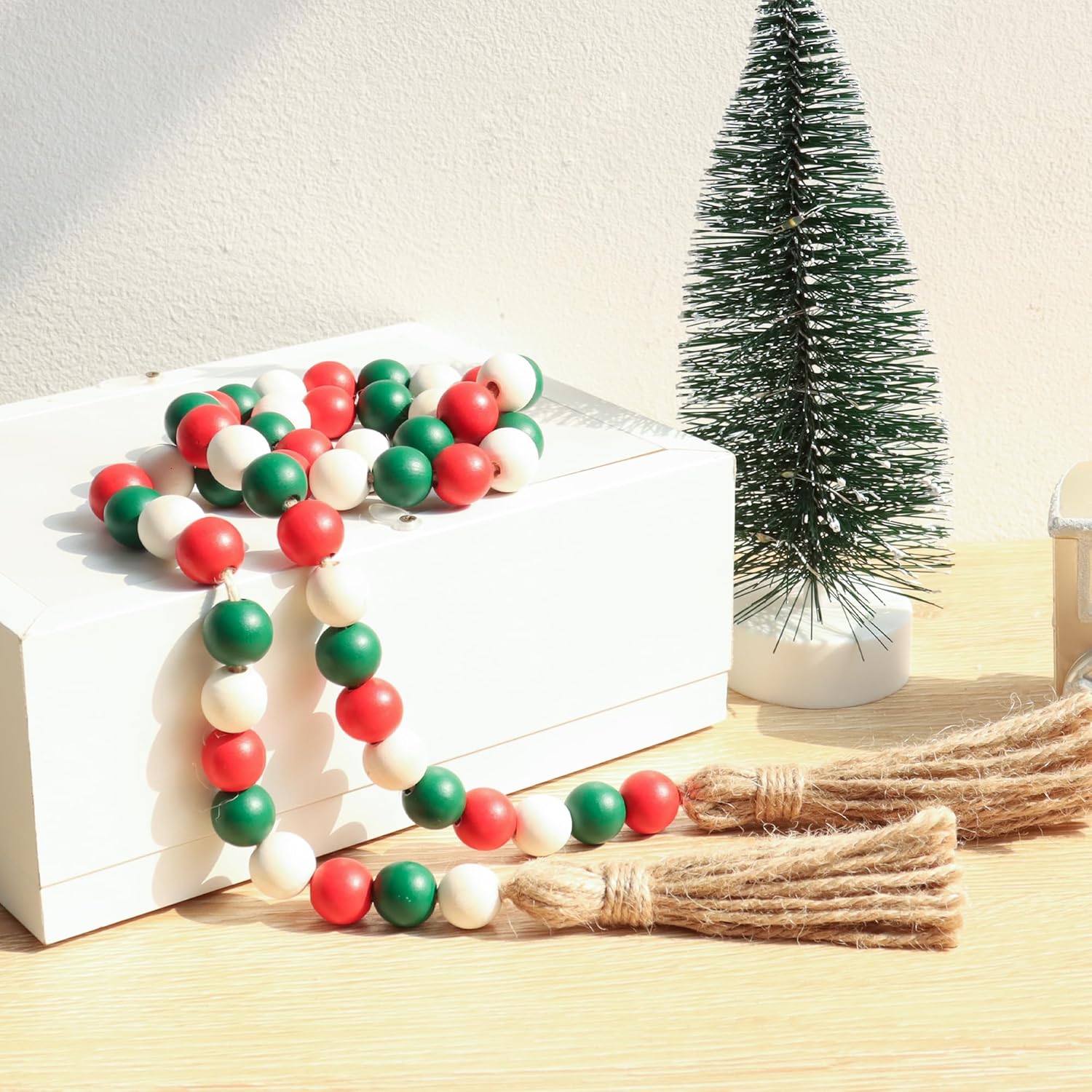 Wood Bead Garland,39in Farmhouse Beads with Tassels Boho Beads for Tiered Tray Decorative Beads Home Decor