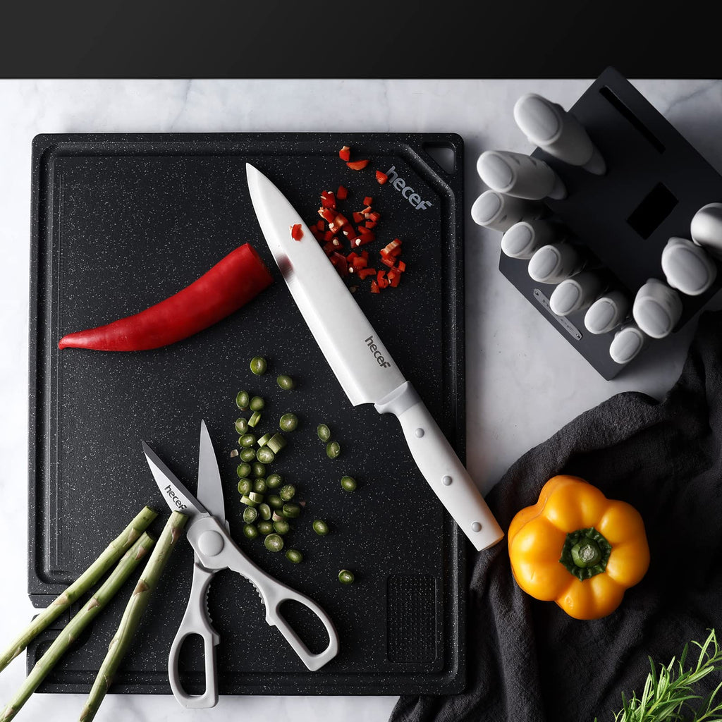 Kitchen Knife Block Set, 14 Pieces Knife Set with Wooden Block & Sharpener Steel & All-purpose Scissors, High Carbon Stainless Steel Cutlery Set