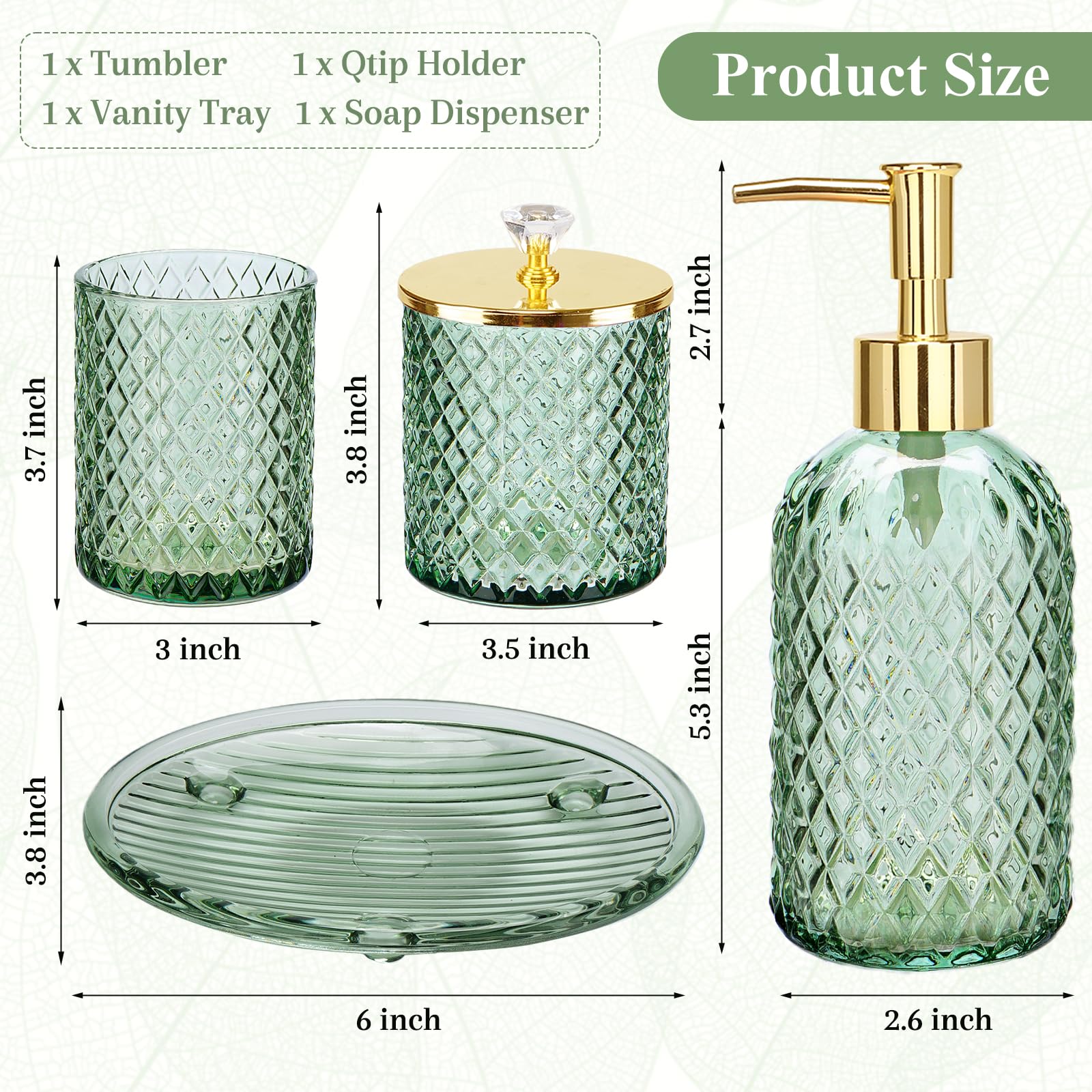 Glass Bathroom Accessories Set 4PCS Bathroom Accessories Set with Soap Dispenser Toothbrush Holder Qtip Holder & Vanity Tray