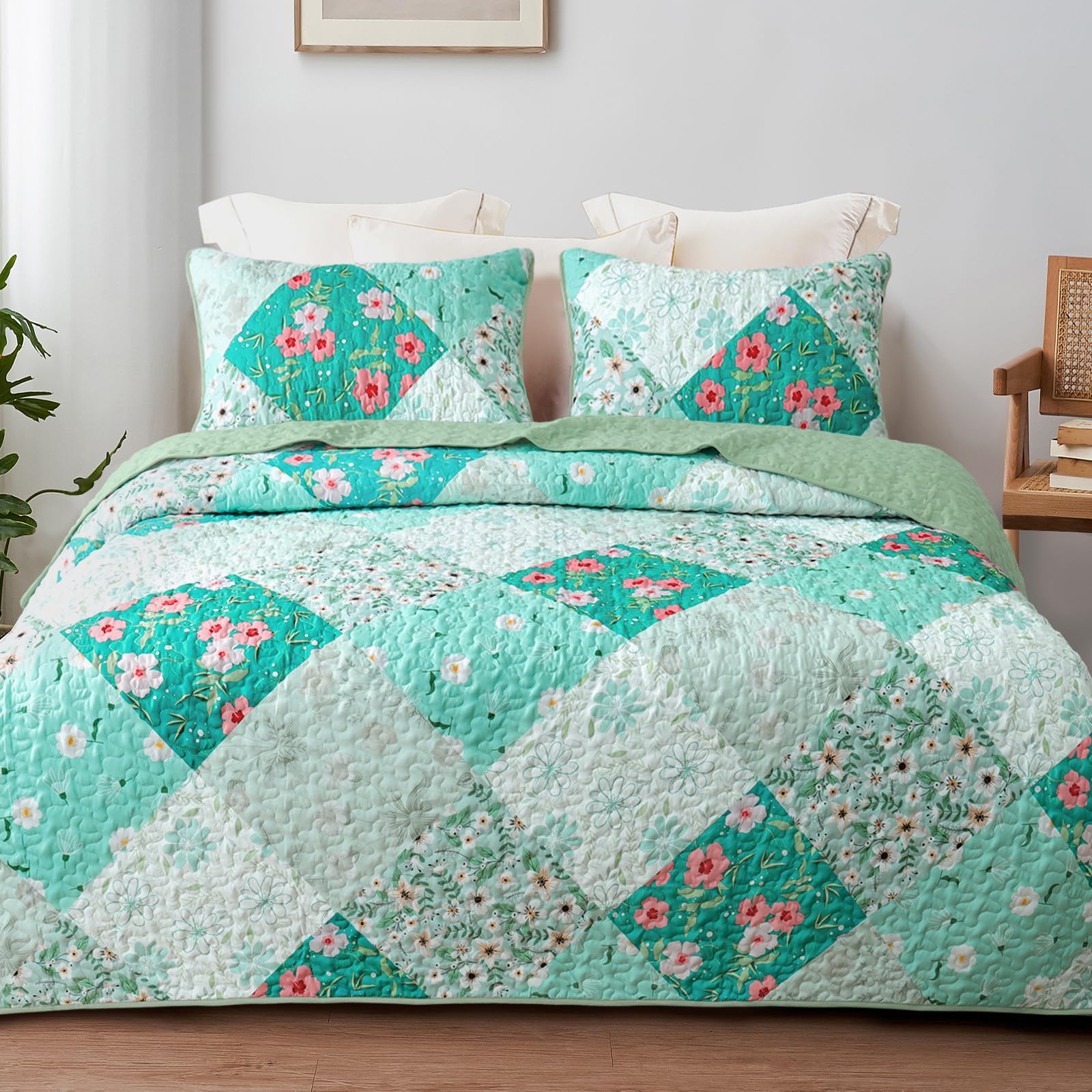 Reversible Patchwork Quilts Full Size, Lightweight Boho Printed Bedspreads Coverlets Quilt Bedding Set with 2 Pillow Shams