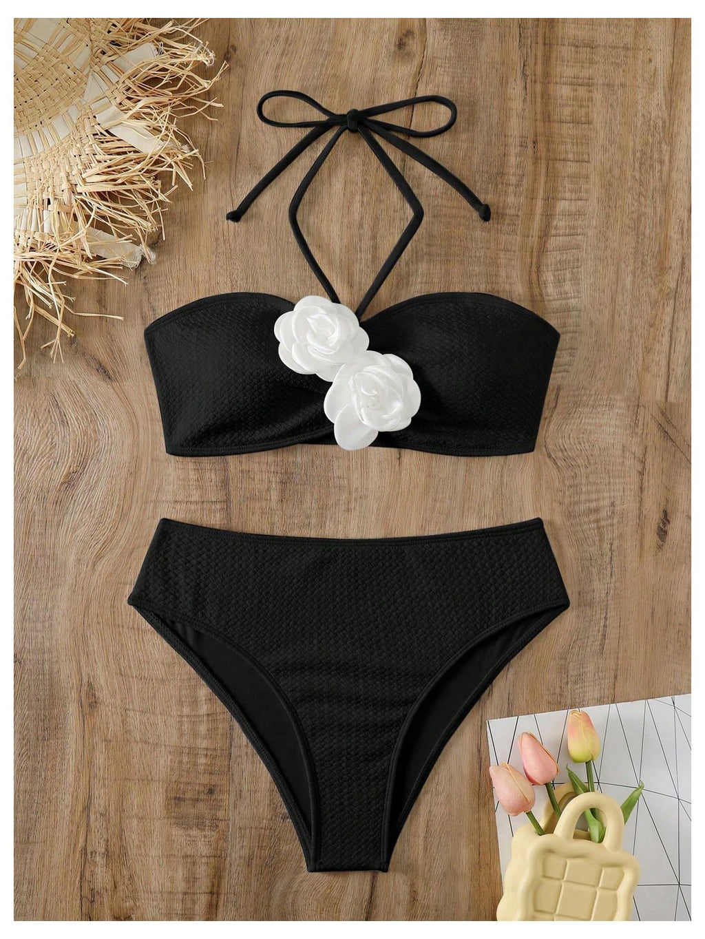 Women's 2 Piece Halter Swimsuit 3D Flower Appliques Bandeau Tummy Control Bikini Set