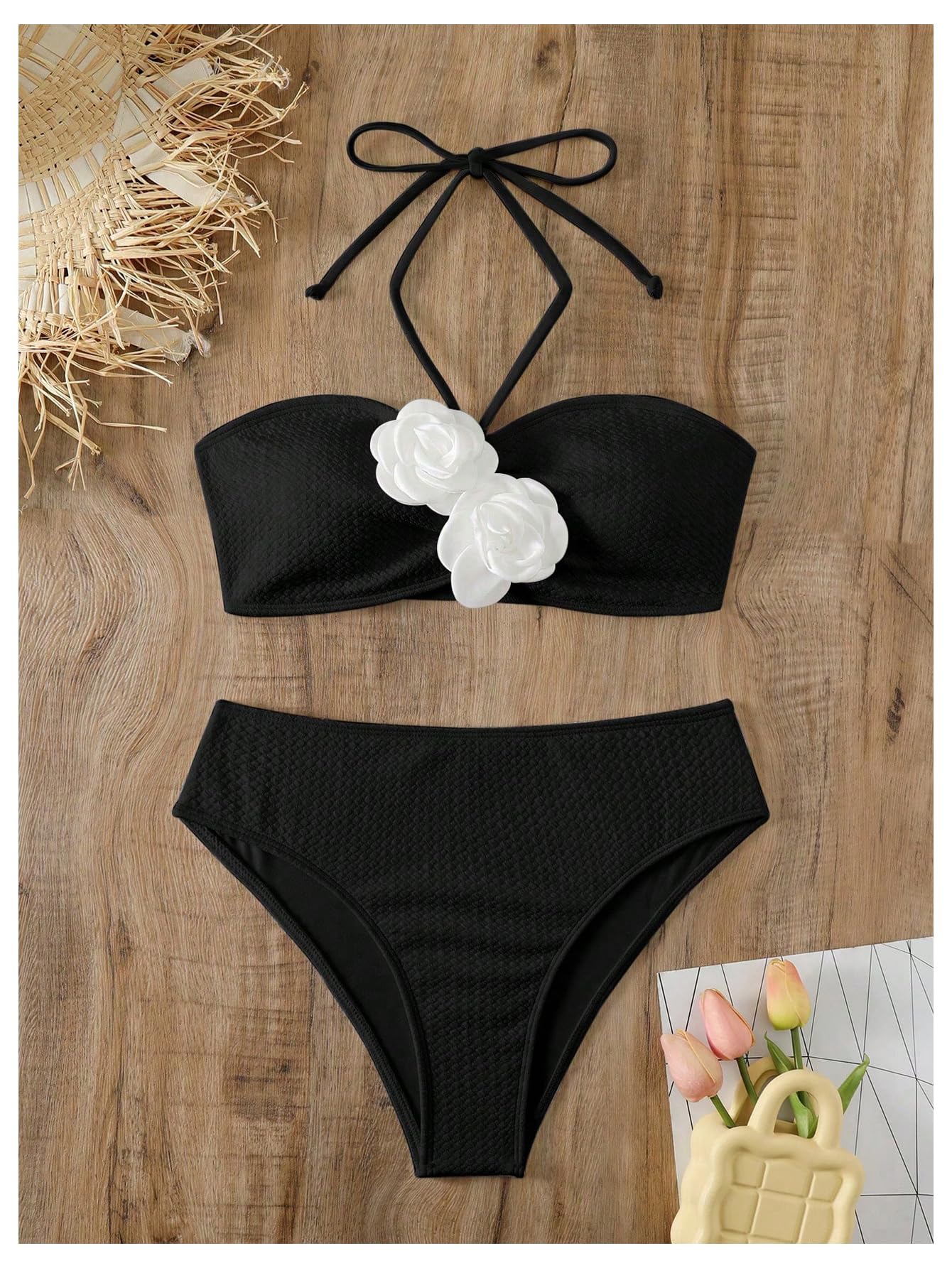 Women's 2 Piece Halter Swimsuit 3D Flower Appliques Bandeau Tummy Control Bikini Set