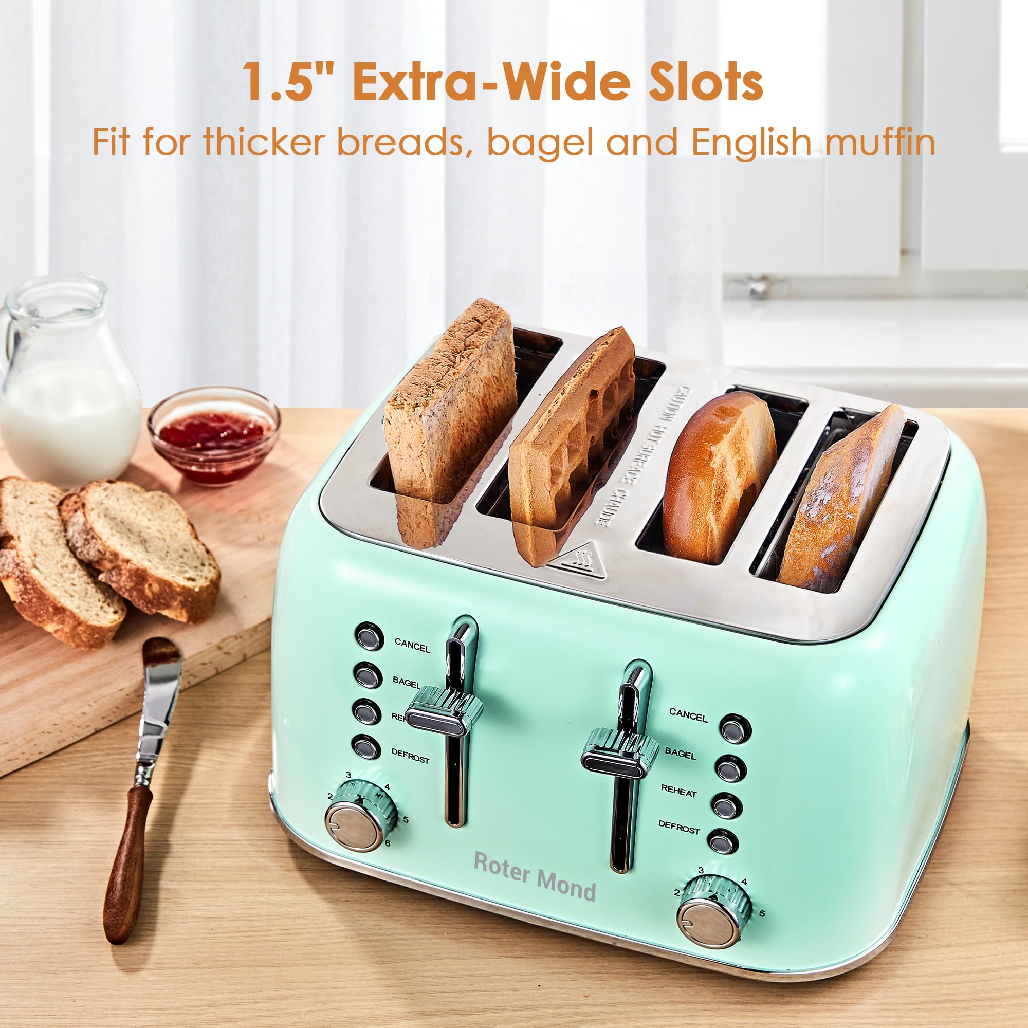 Toaster 4 Slice Retro Stainless Steel with Extra Wide Slots, Reheat Function, Dual Independent Control Panel, Removable Crumb Tray, 6 Browning Levels