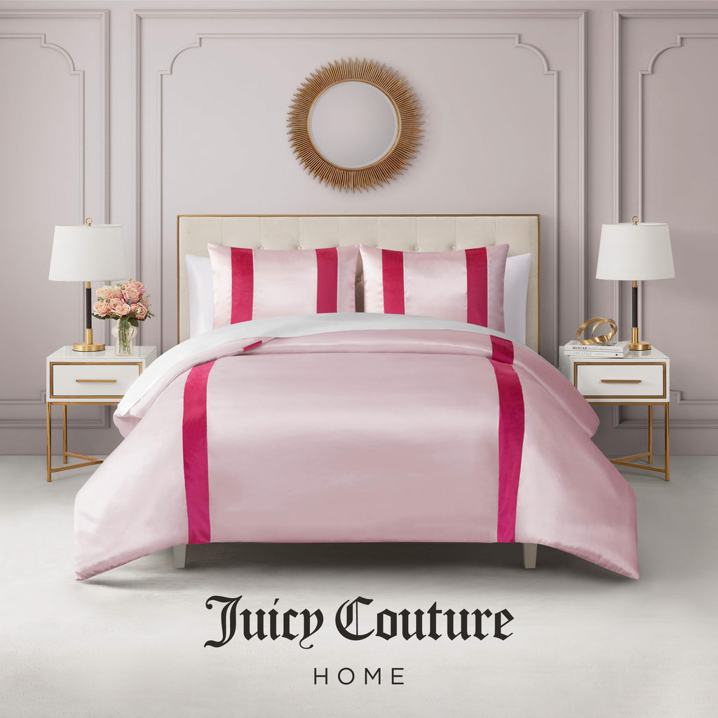 Juicy Couture Velvet Stripe on Satin Pink Comforter Set - 3 Piece Luxury Bedding Ensemble