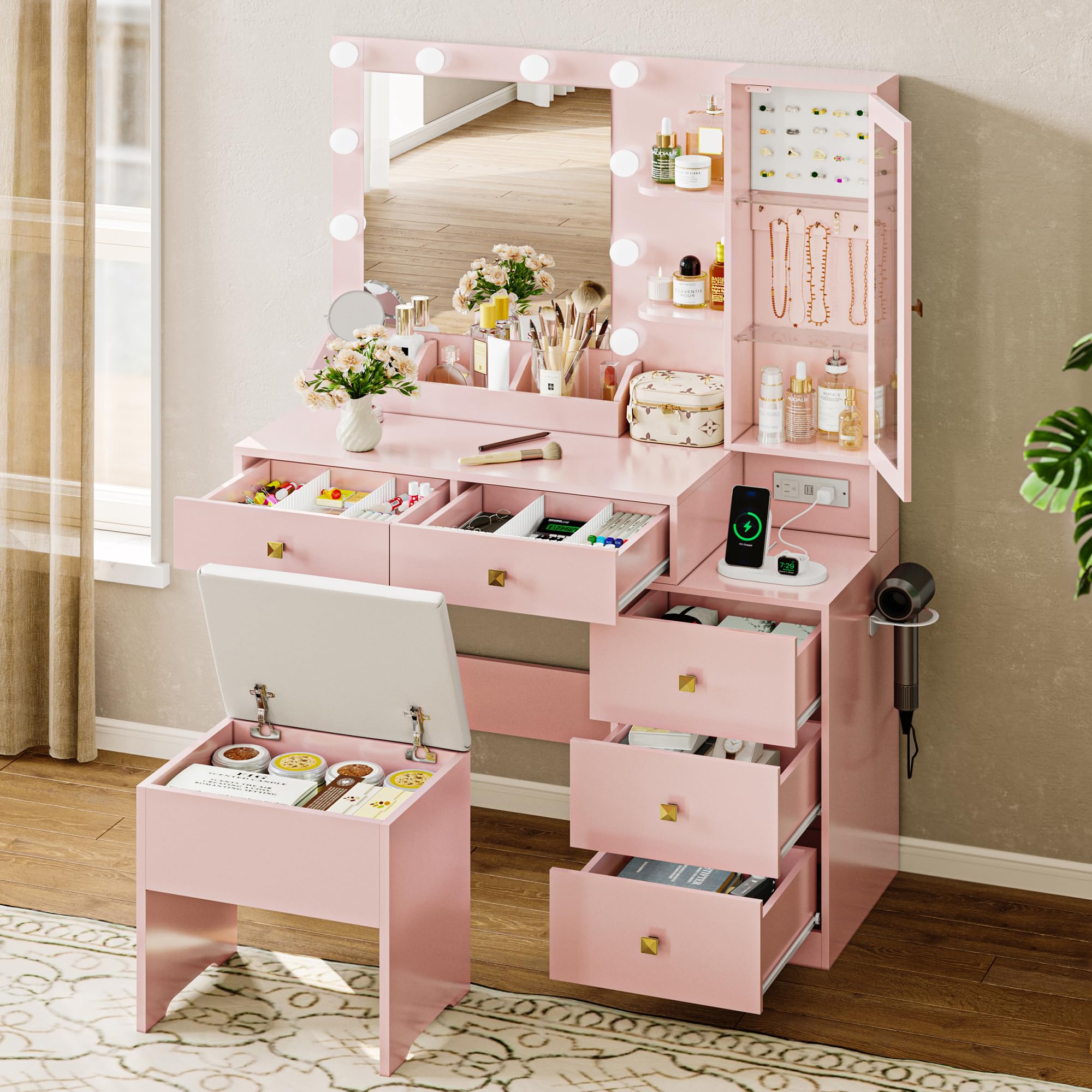 Vanity Desk with Mirror and Lights, Pink Makeup Vanity with 5 Drawers Hidden Jewelry Organizer& LED Glass Cabinet, 3 Lights Mode and Brightness Adjusted,Vanity Mirror with Lights Desk and Chair
