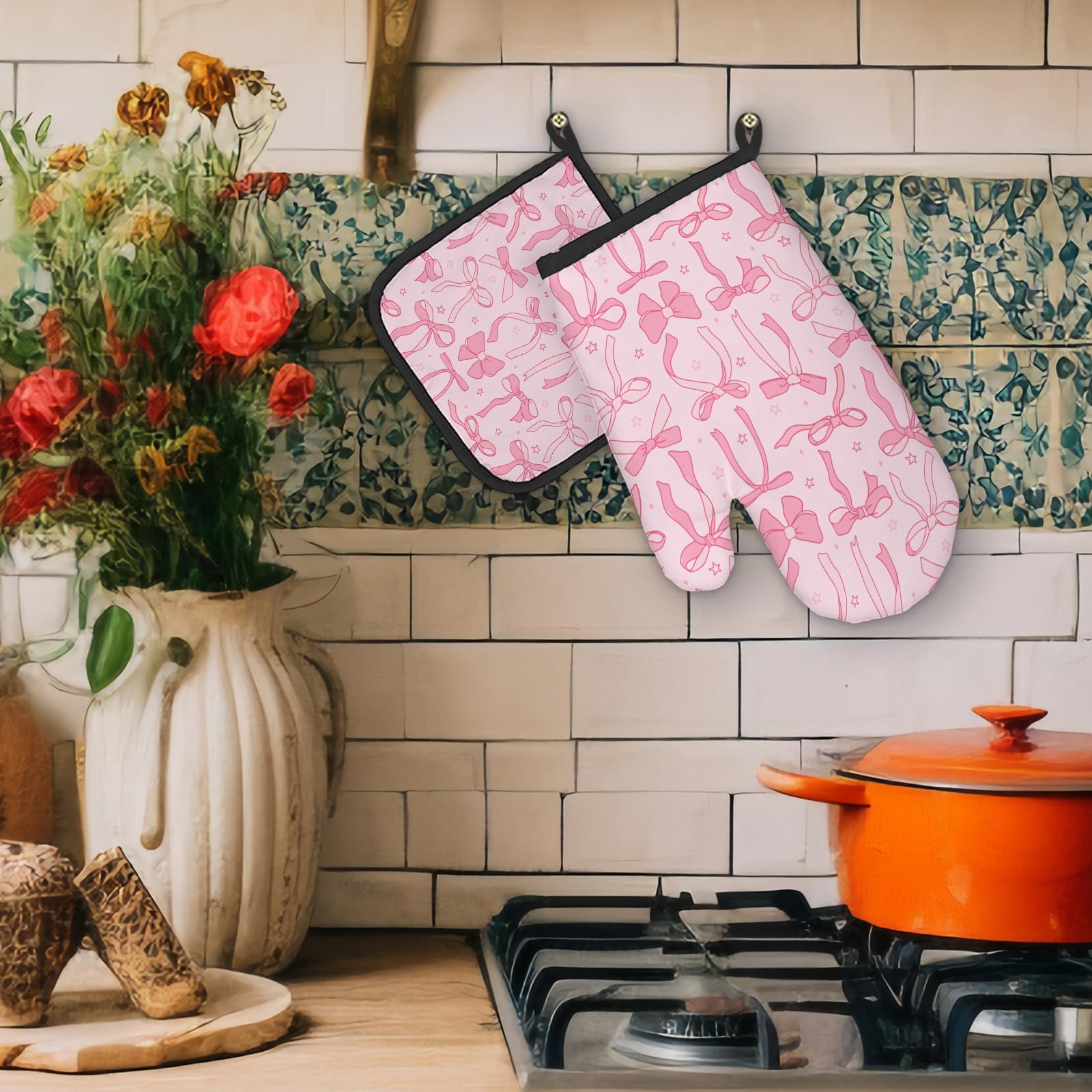 Pink Bow Coquette Decor Oven Mitts and Pot Holders Sets