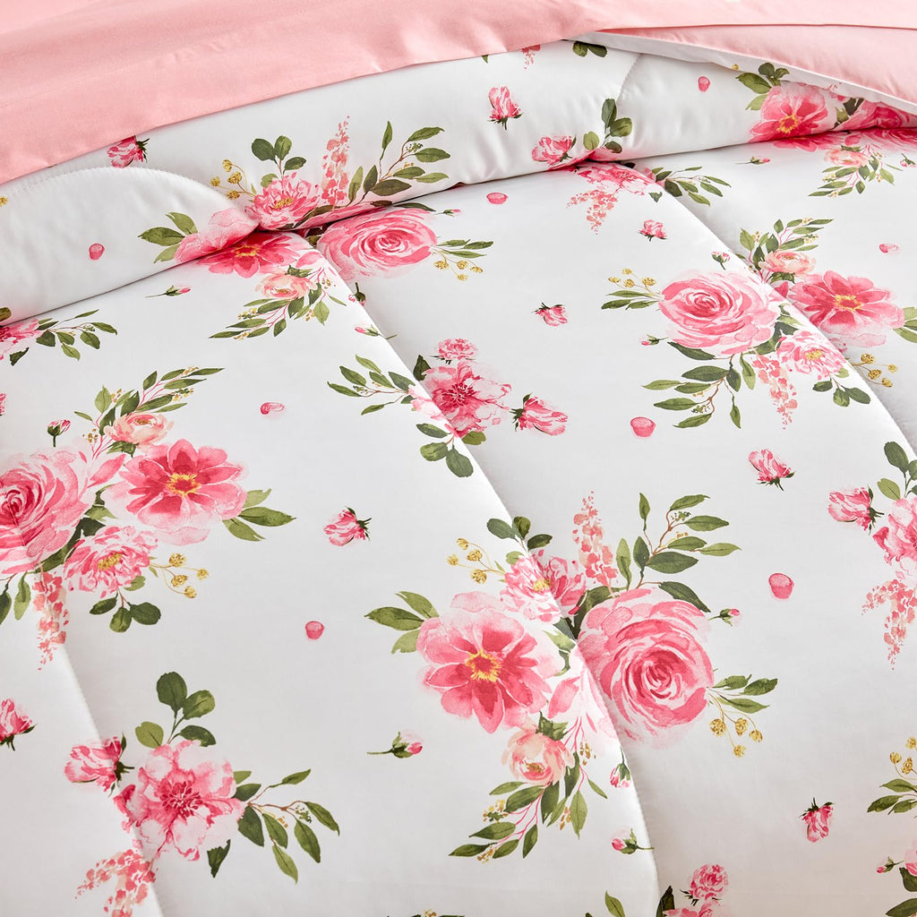 Flower Comforter Sheet Set White Bed in a Bag 7 Pieces Size Pink Floral Microfiber Bedding Set (1 Comforter 2 Pillow Shams 1 Flat Sheet 1 Fitted Sheet 2 Pillowcases)