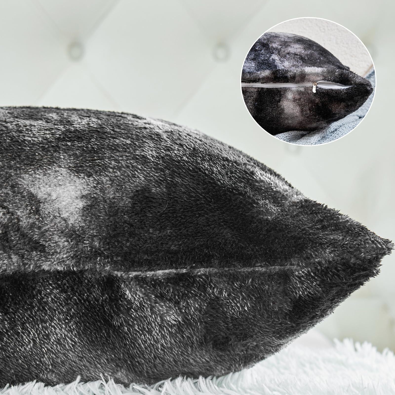 Faux Fur Pillow Cases Set of 2, Luxury Ultra Soft Fuzzy Pillowcases, Fluffy Plush Velvet Pillow Covers with Zipper, Cozy Warmth and No Shedding