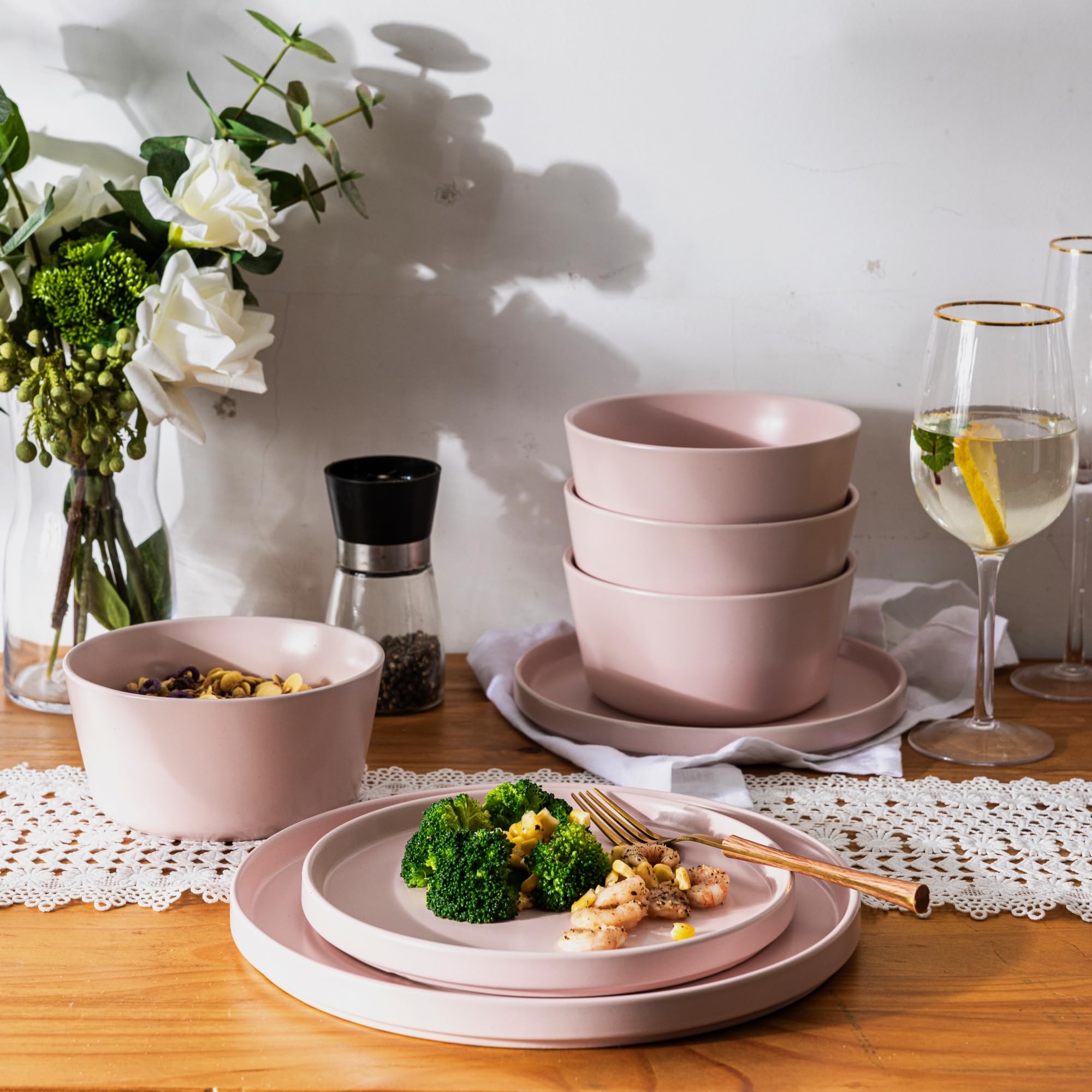 Ceramic Dinnerware Sets for 4, Modern Flat Stoneware Plates and Bowls Sets,Chip and Crack Resistant | Dishwasher & Microwave Safe Dishes Set, Scratch Resistant- Service for 4 (12pc)