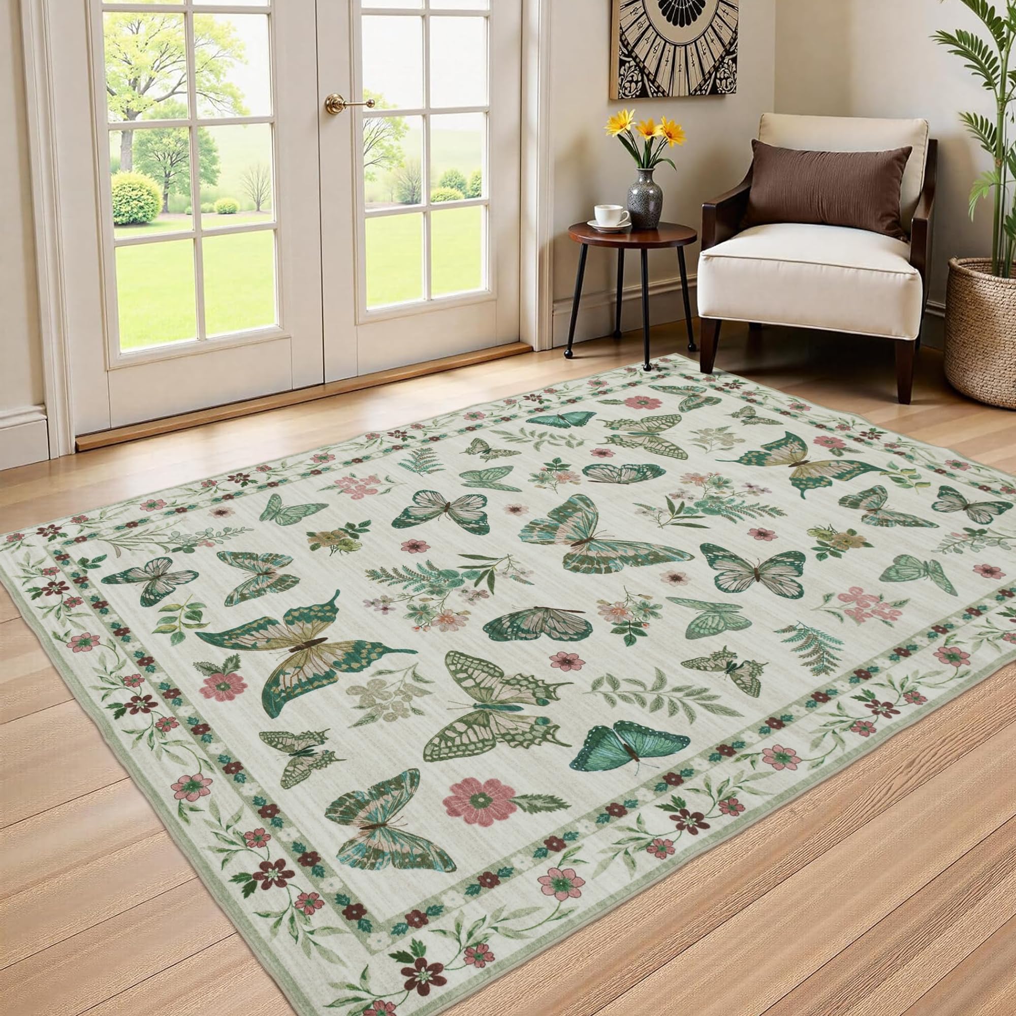 Insect Floral Area Rug, Machine Washable Area Rug Non-Slip Low Pile Large Bedroom Rug Stain Resistant Throw Rug Carpet