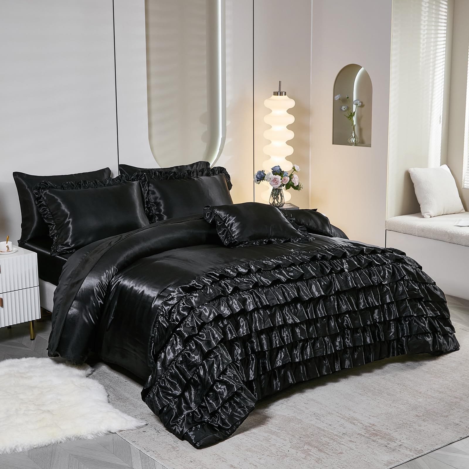 Ruffle Comforter Set 8 Pieces Satin Comforter Set with Sheet Set - Waterfall Ruffle Design Luxurious Silky Comforter Set