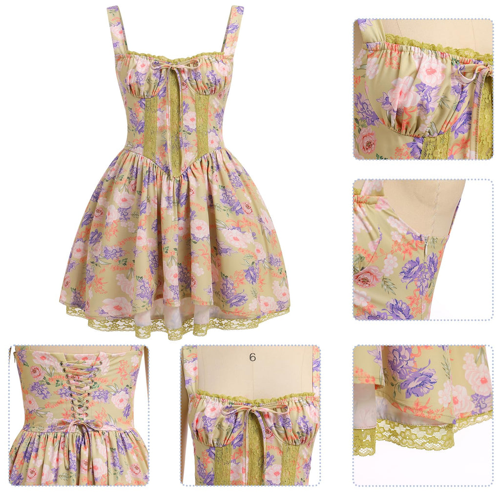 Women's Spaghetti Strap Corset Mini Dress â€?Backless, Lace-Up, Low-Cut Ruffle Sundress