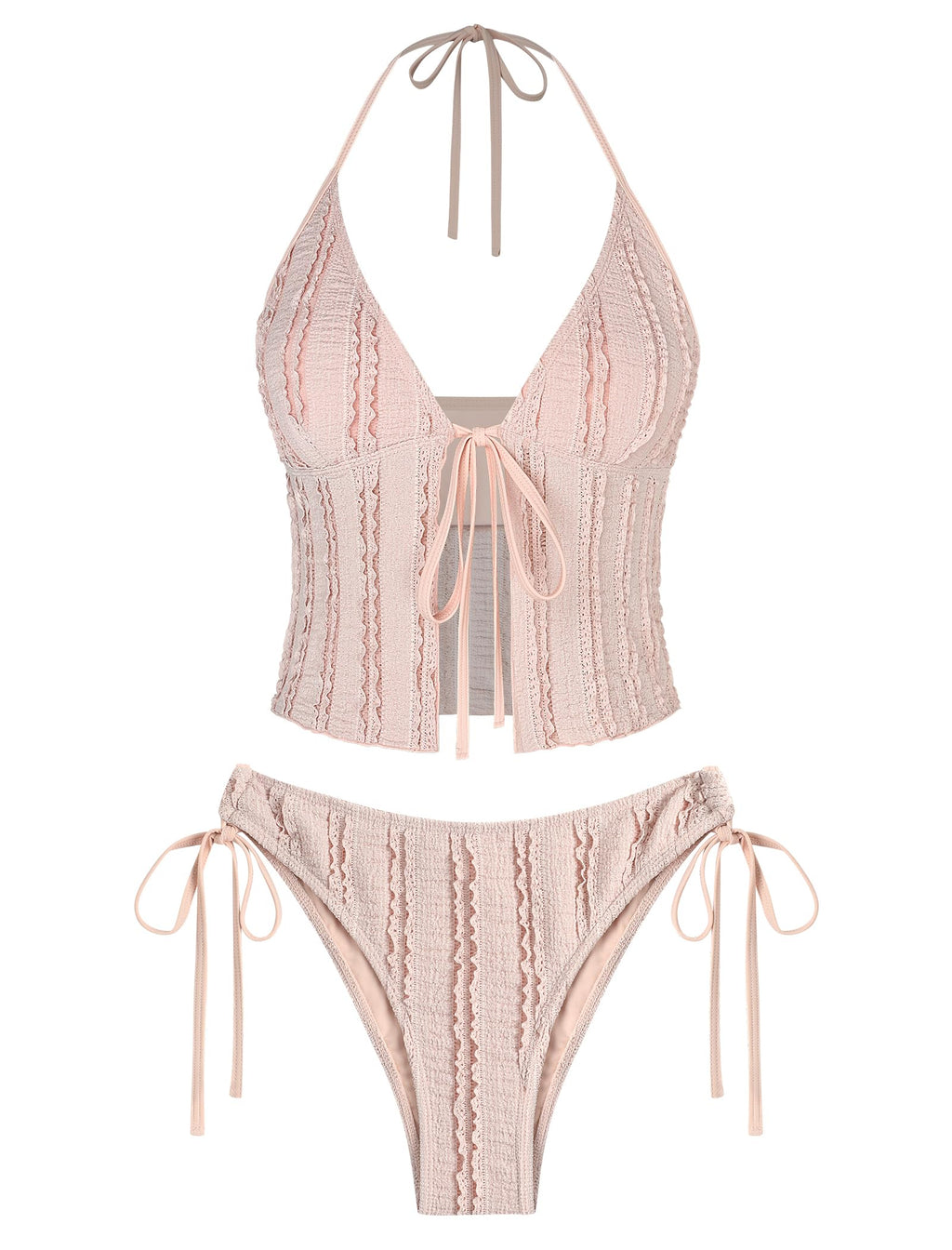 Tankini Swimsuits for Women Smocked Ruffles Tie Front Bowknot Textured High Cut Tanga Tankini Set