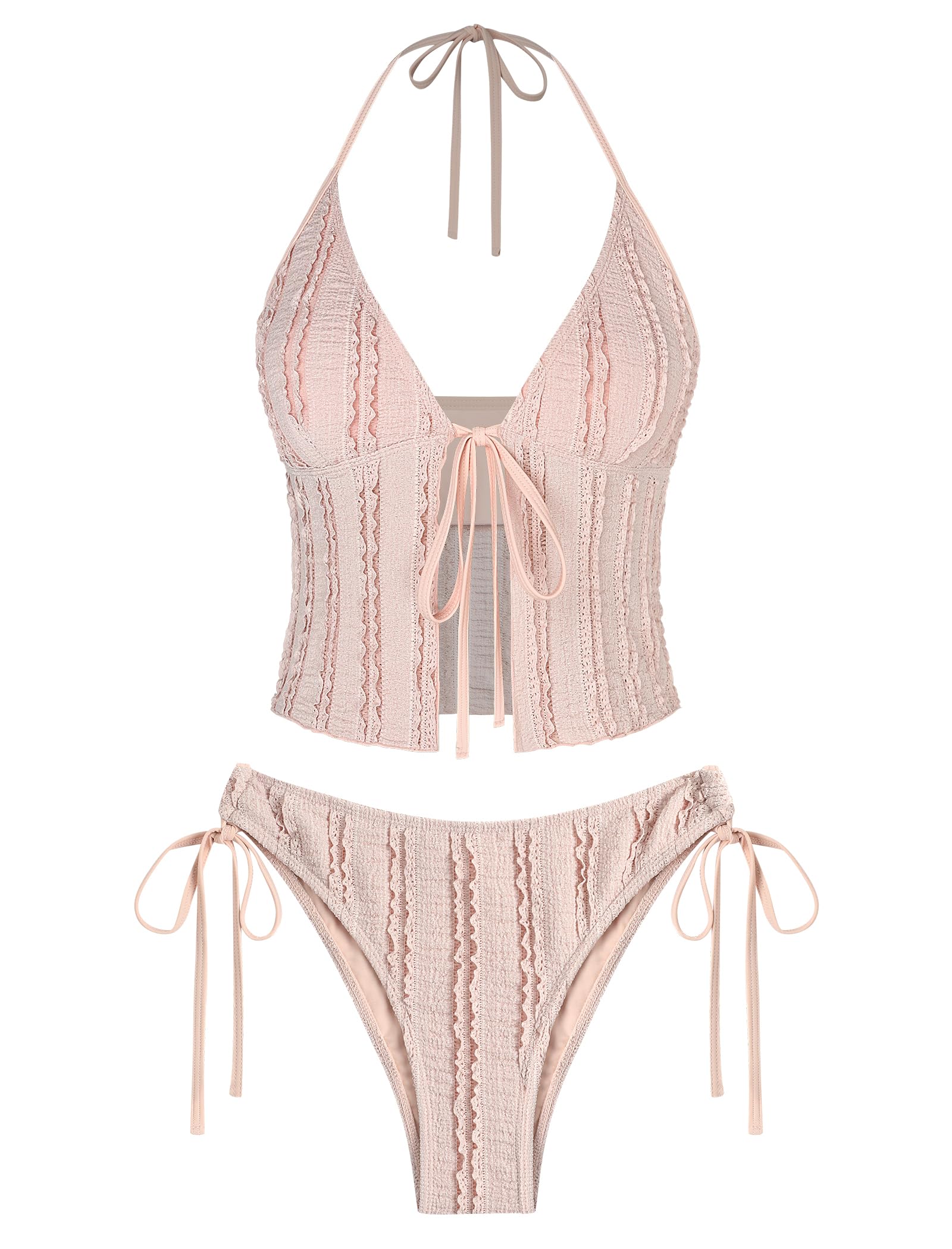 Tankini Swimsuits for Women Smocked Ruffles Tie Front Bowknot Textured High Cut Tanga Tankini Set