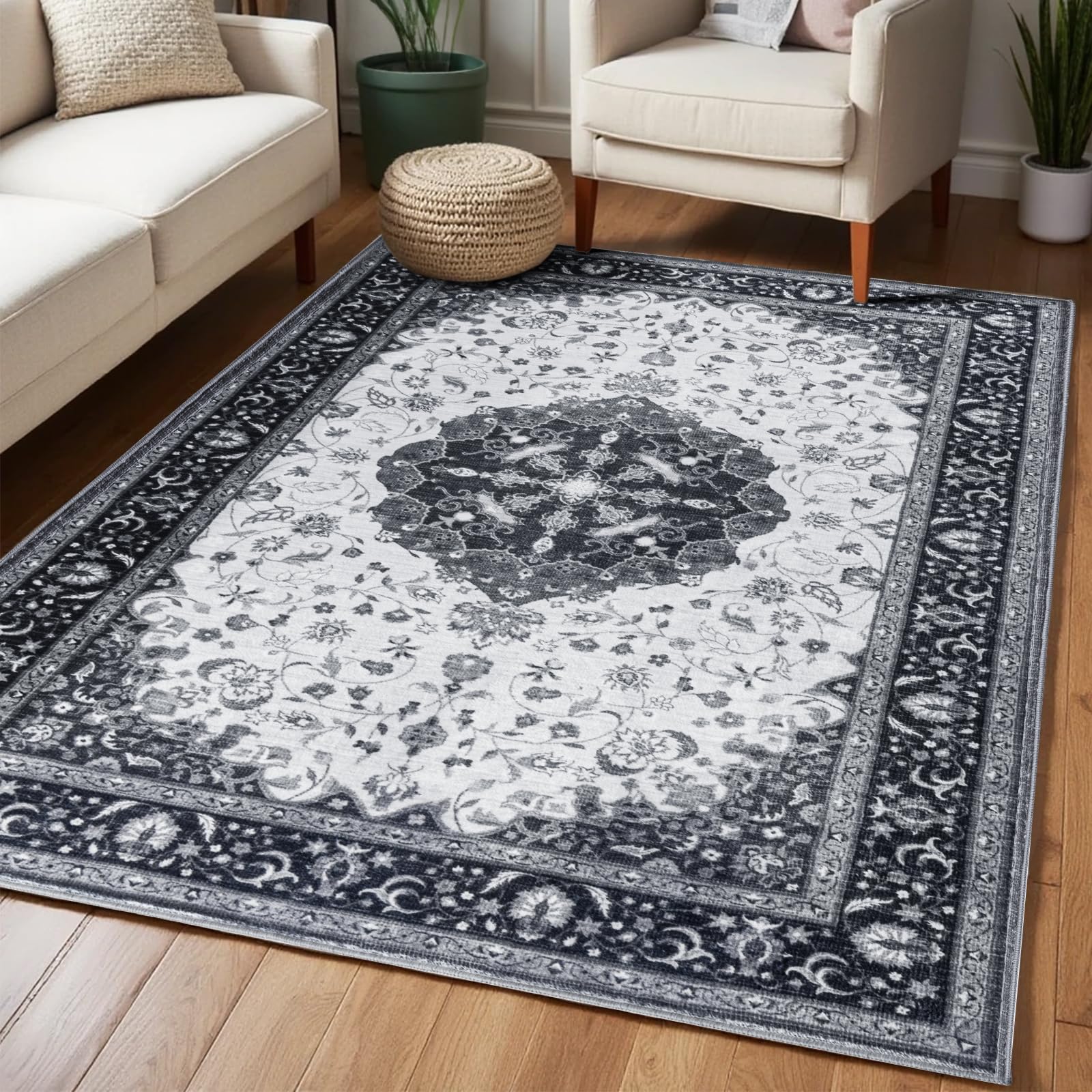 Washable Area Rugs Door Mat Entryway Vintage Floral Non-Slip Low Pile Entrance Thin Rug Carpet for Kitchen Bathroom Living Room Pink