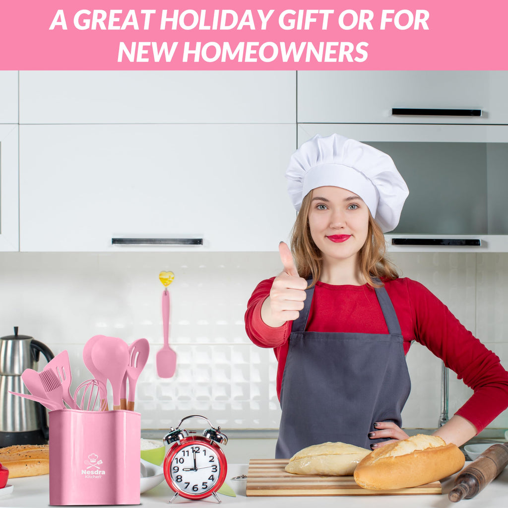 Silicone Cooking Utensils Set with Wooden Handles â€?Food-Grade, BPA-Free & Heat Resistant Kitchen Tools for Nonstick Cookware, Includes Holder & Hooks 33-Piece