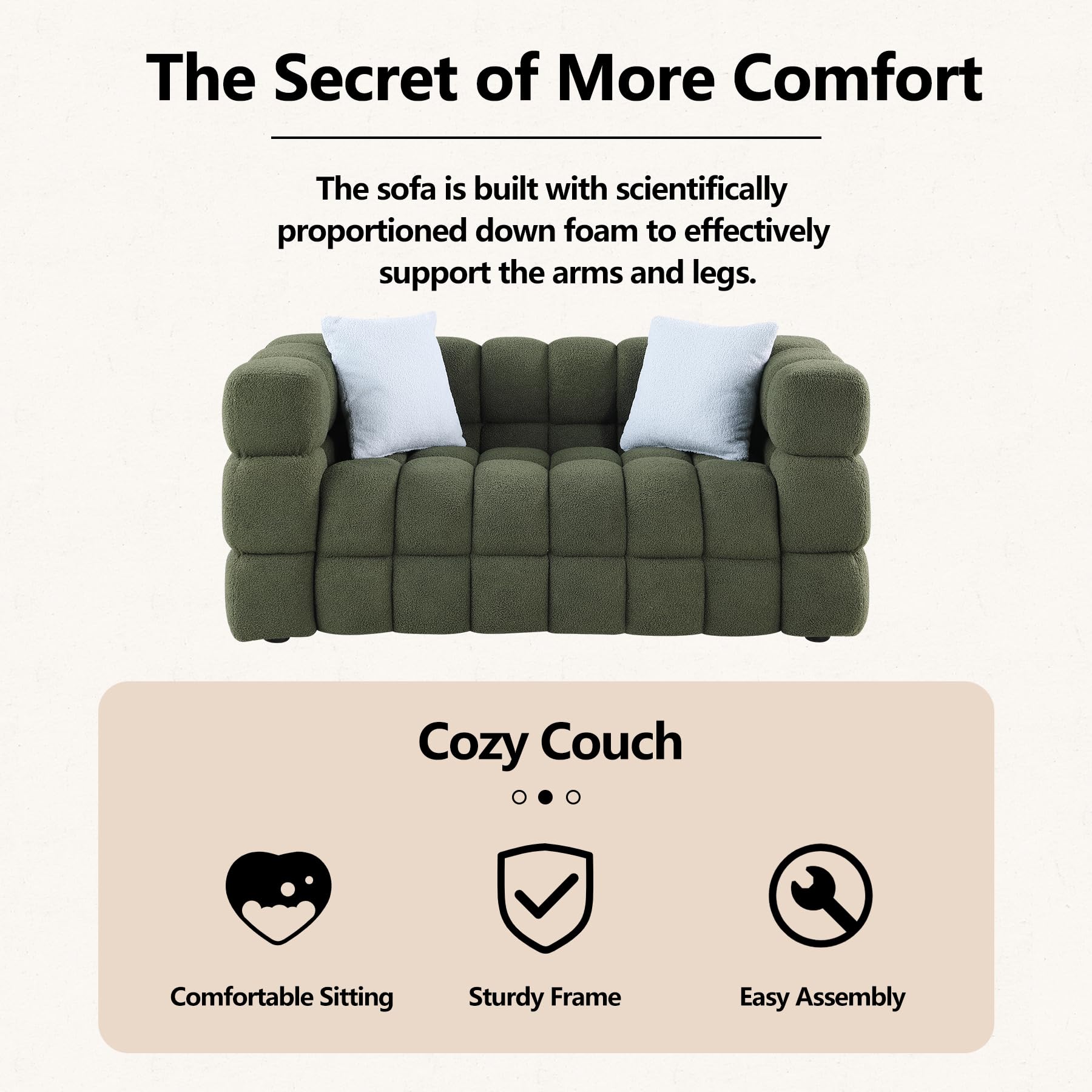 Modern Sofa Couch with Metal Legs Upholstered Tufted 3 Seater Couch with 2 Pillows Decor