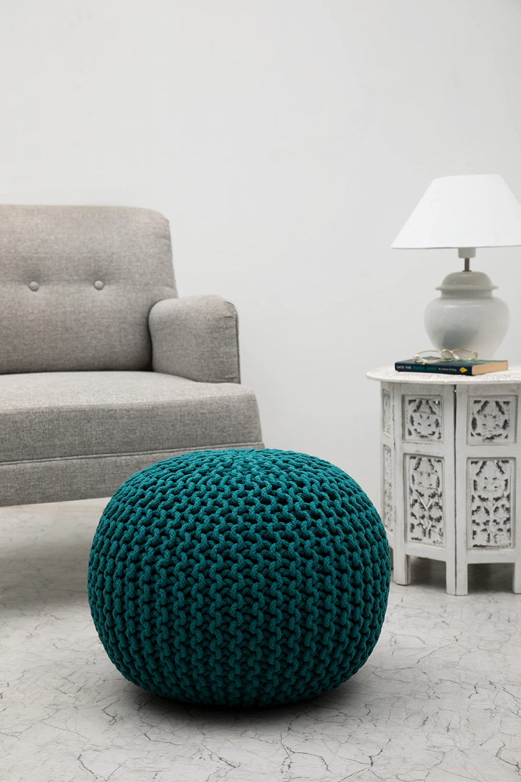 Hand-Knitted Cotton Round Pouf â€?Braid Cord Ottoman, Footrest, and Accent Seat for Living Room, Nursery, Kids Room, or Dorm Décor â€?20x14