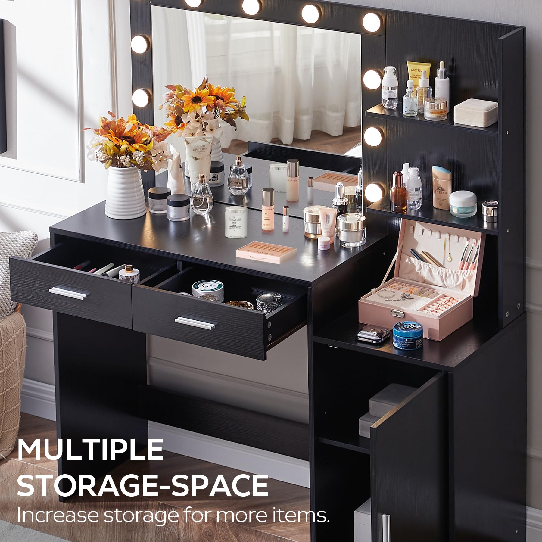 Vanity Desk with Mirror and LED Light Strip,Dressing Table with Large Drawer, 3 Level Storage Dresser & 3 Lighting Modes Adjustable Brightness